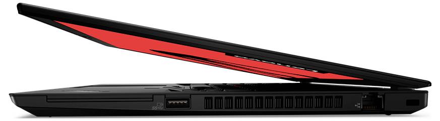 Ein teilweise geöffneter schwarzer Laptop, von der Seite betrachtet, mit einem dünnen Profil und einem roten Design auf der Innenfläche.