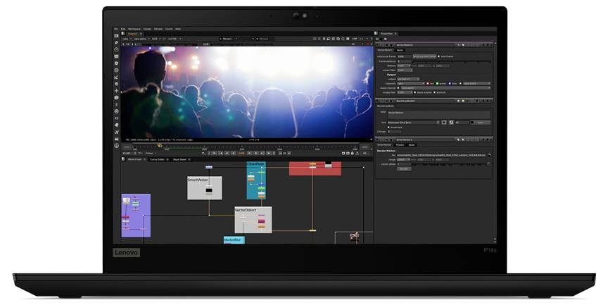 Ein Laptop-Bildschirm, der Videobearbeitungssoftware zeigt, mit einer Menschenmenge-Szene und einer Bearbeitungsoberfläche, die verschiedene Panels und Steuerelemente präsentiert.