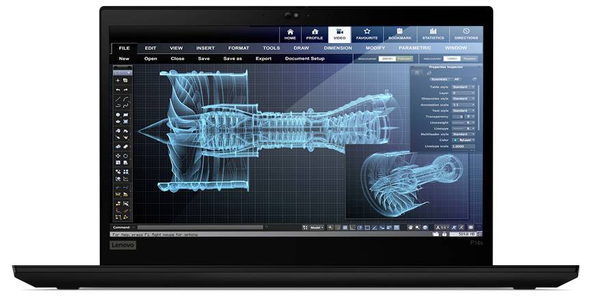 Laptop, auf dessen Bildschirm ein 3D-CAD-Modell eines Flugzeugtriebwerks angezeigt wird, mit einer detaillierten Bauzeichnung und verschiedenen Designtools.