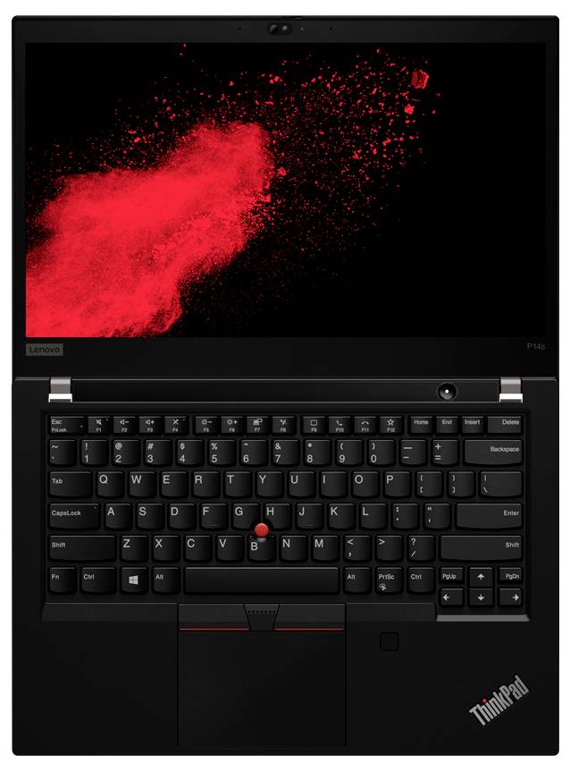 Ein schwarzer Laptop mit einem roten Spritzdesign auf dem Bildschirm, der eine Tastatur mit einem rot umrandeten Touchpad und der 'ThinkPad' Markenbezeichnung zeigt.