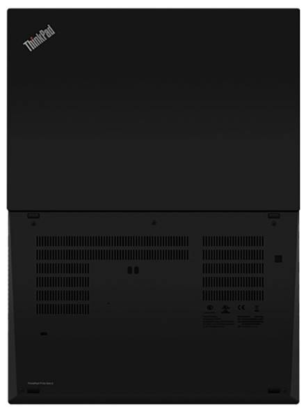 Schwarzer Lenovo ThinkPad Laptop, geschlossen, von hinten betrachtet, mit Lüftungsschlitzen und Markenlogo.