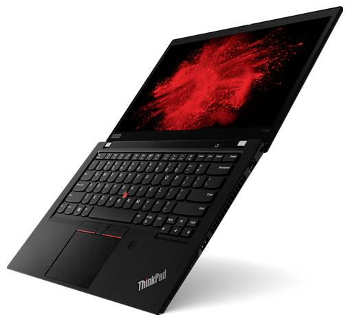 Ein schwarzer Laptop mit einem roten abstrakten Design auf dem Bildschirm. Der Laptop ist in einem Winkel geöffnet und zeigt die Tastatur und den Trackpoint.