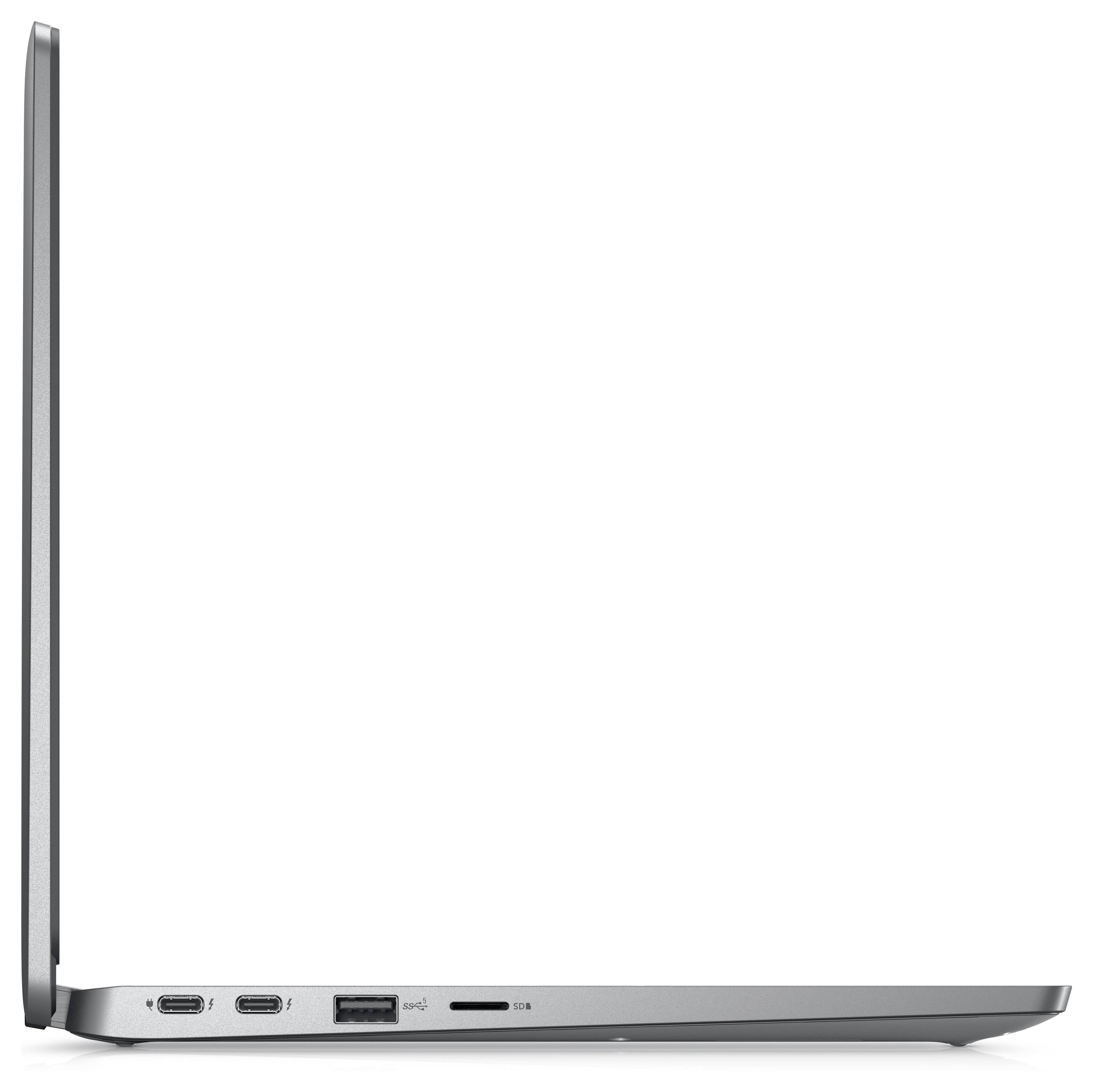 Ein schlanker, silberner Laptop, von der Seite betrachtet, mit zwei USB-C-Anschlüssen, einem USB-A-Anschluss und einem Audioeingang. Der Bildschirm ist teilweise geöffnet.