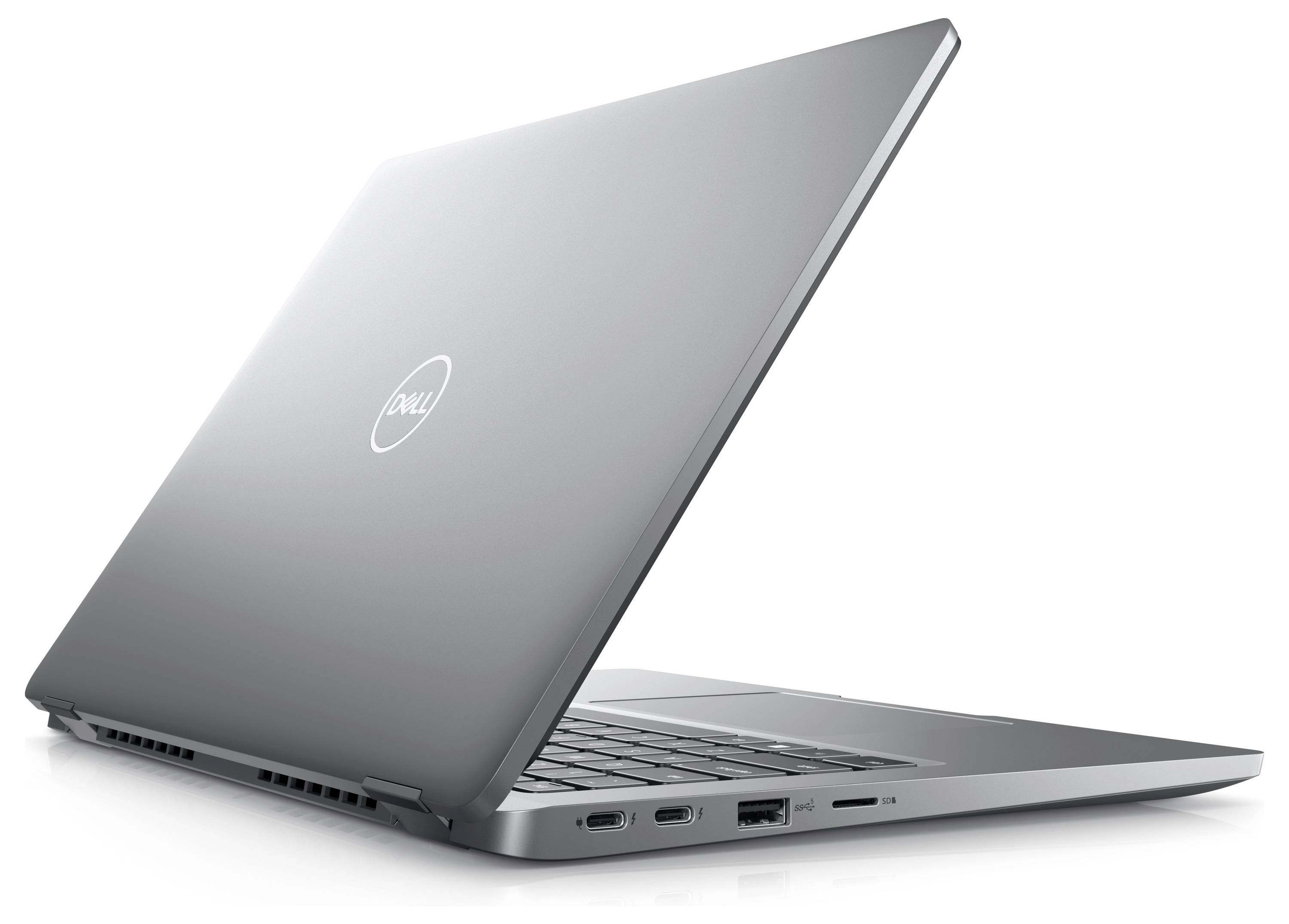 Ein silberner Laptop, teilweise geöffnet, mit sichtbarer Tastatur und mehreren Anschlüssen an der Seite.