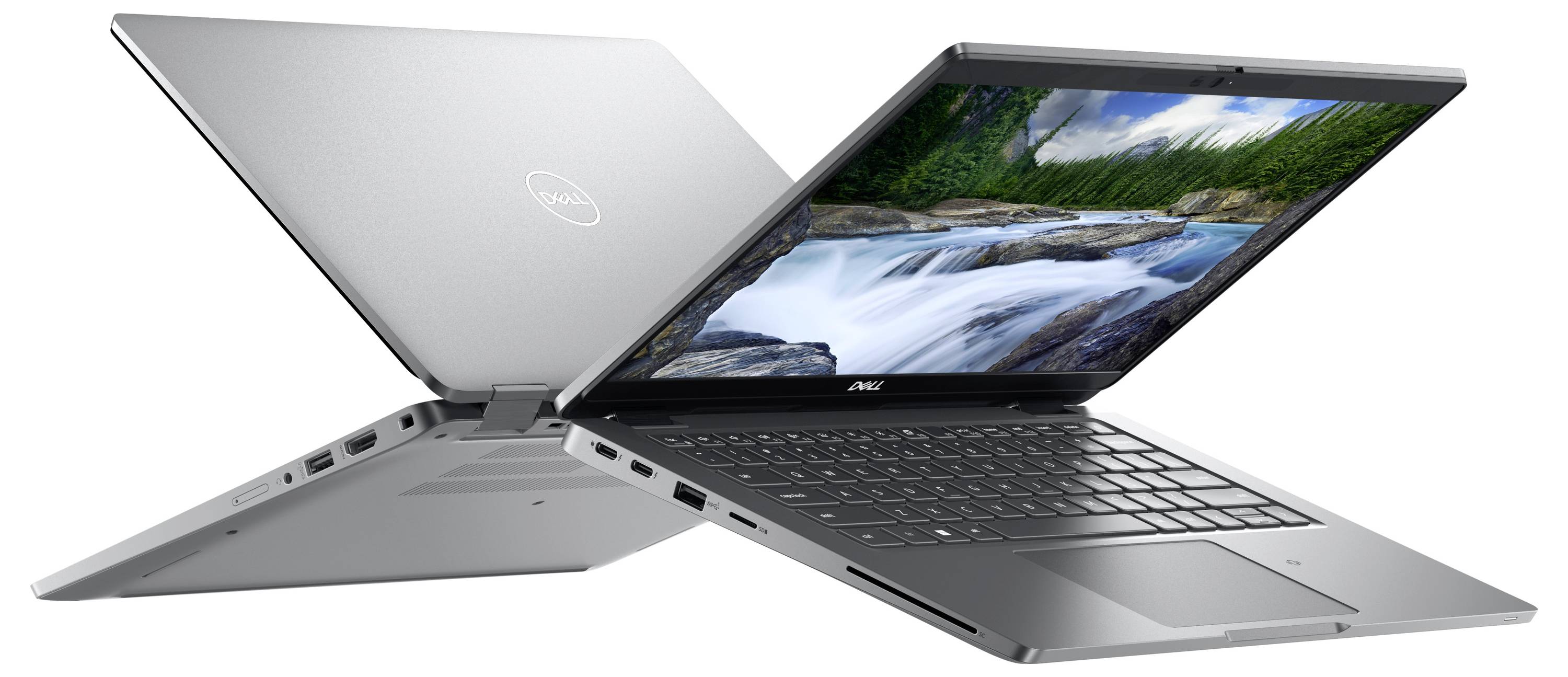 Ein schlankes, silbernes Laptop, geöffnet mit einem lebendigen Wasserfall-Bild auf dem Bildschirm, das mehrere Anschlüsse zeigt. Ein weiteres Laptop in umgekehrter Position dargestellt.