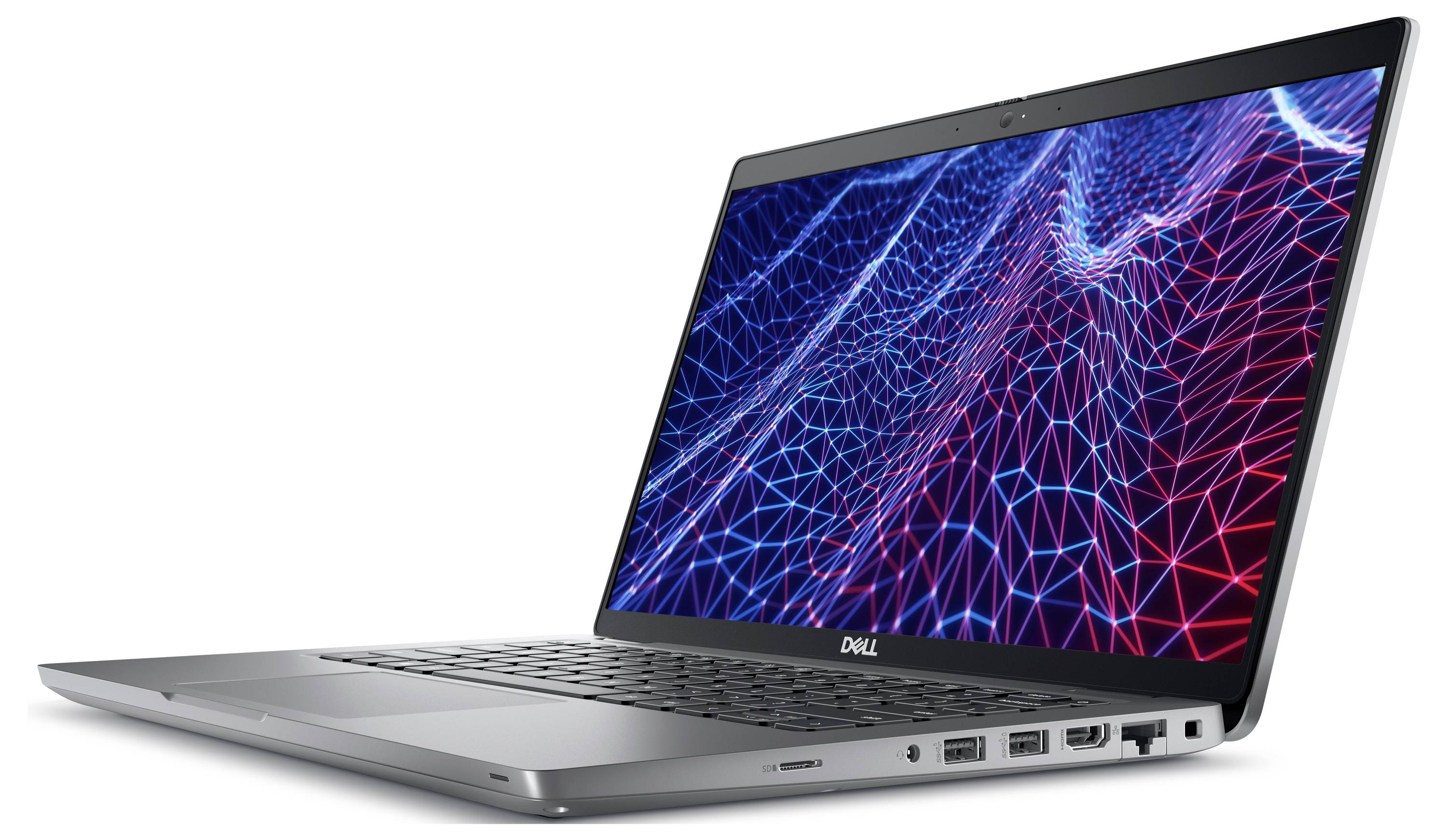 Ein schlankes graues Laptop mit einem leuchtenden Bildschirm, auf dem rote und blaue geometrische Linien zu sehen sind.