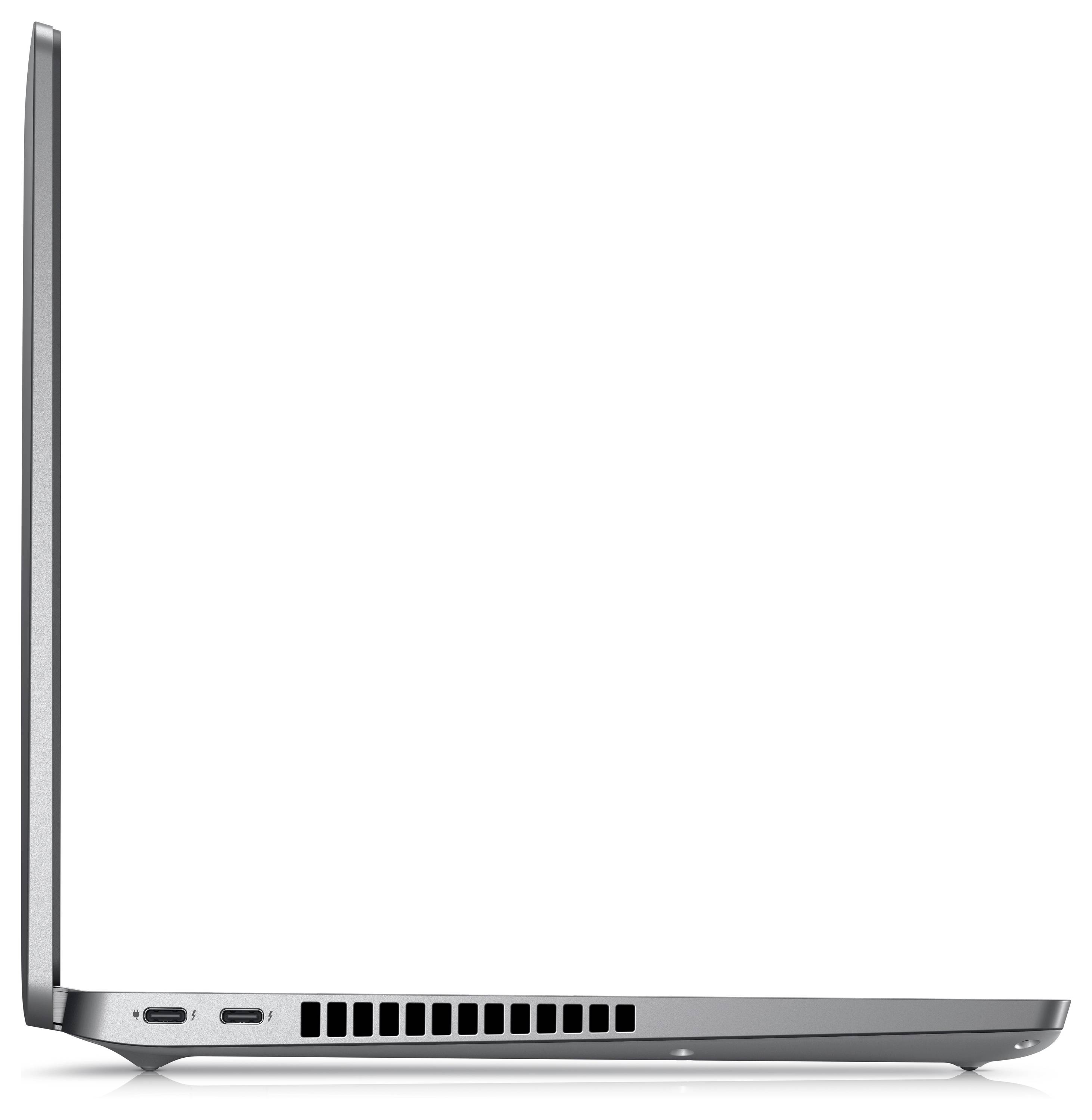 Seitenansicht eines dünnen, silbernen Laptops, der teilweise geöffnet ist und Anschlüsse und Lüftungsschlitze zeigt.