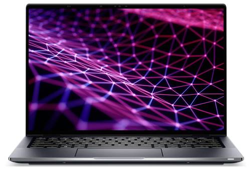 Ein Laptop, der eine lebendige digitale Kunst mit rosa und lila miteinander verbundenen Linien zeigt, die geometrische Muster auf dem Bildschirm bilden.