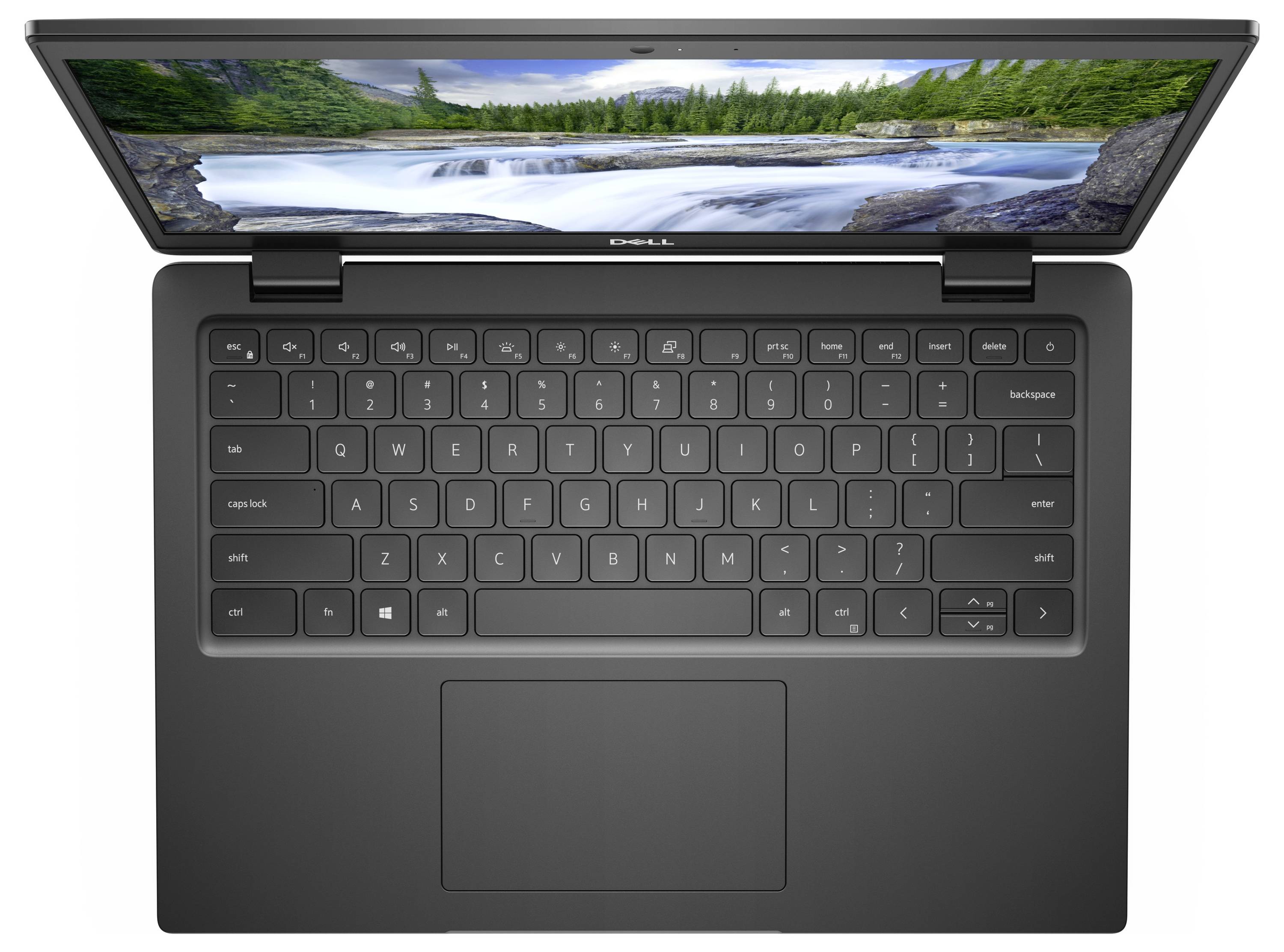 Geöffneter Dell-Laptop mit einer Berglandschaft auf dem Bildschirm, von oben betrachtet. Tastatur und Touchpad sind sichtbar.