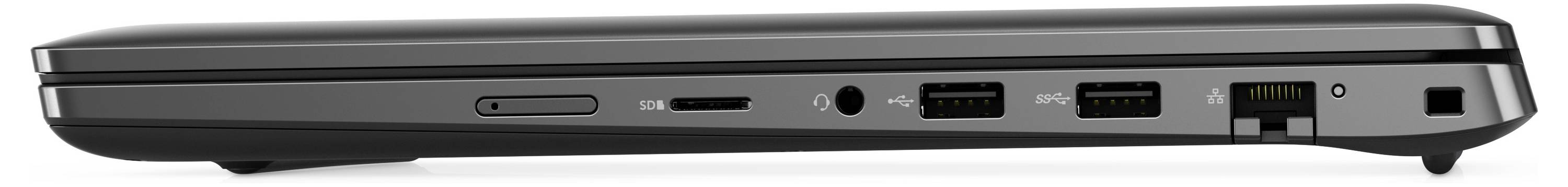 Ein Laptop von der Seite, der Anschlüsse zeigt, darunter einen USB-C-Anschluss, zwei USB-Anschlüsse, einen HDMI-Anschluss und einen Ethernet-Anschluss.