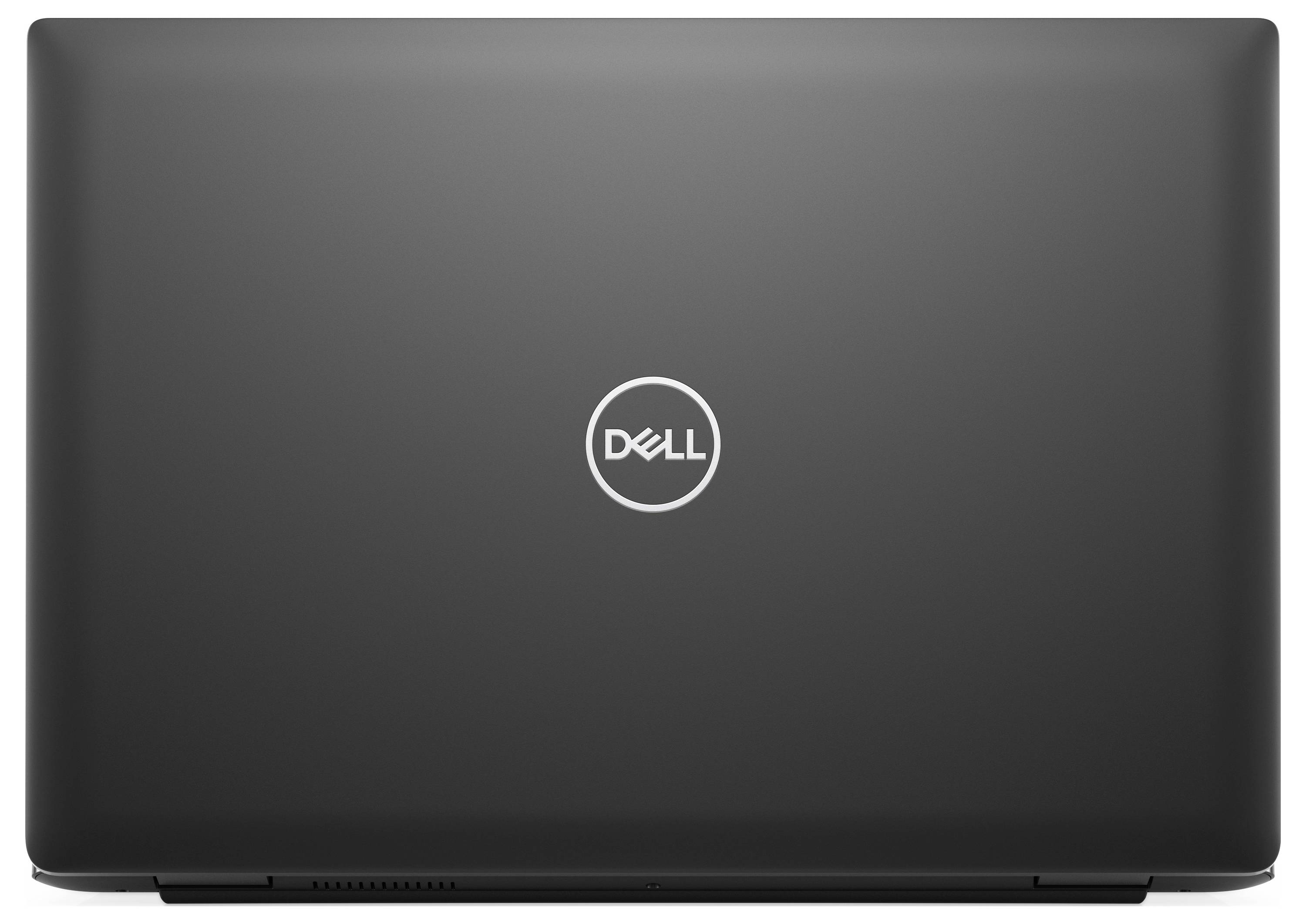 Das Bild zeigt einen geschlossenen Dell-Laptop mit dem Dell-Logo in der Mitte des Deckels. Der Laptop ist mattenschwarz und hat ein minimalistisches Design.