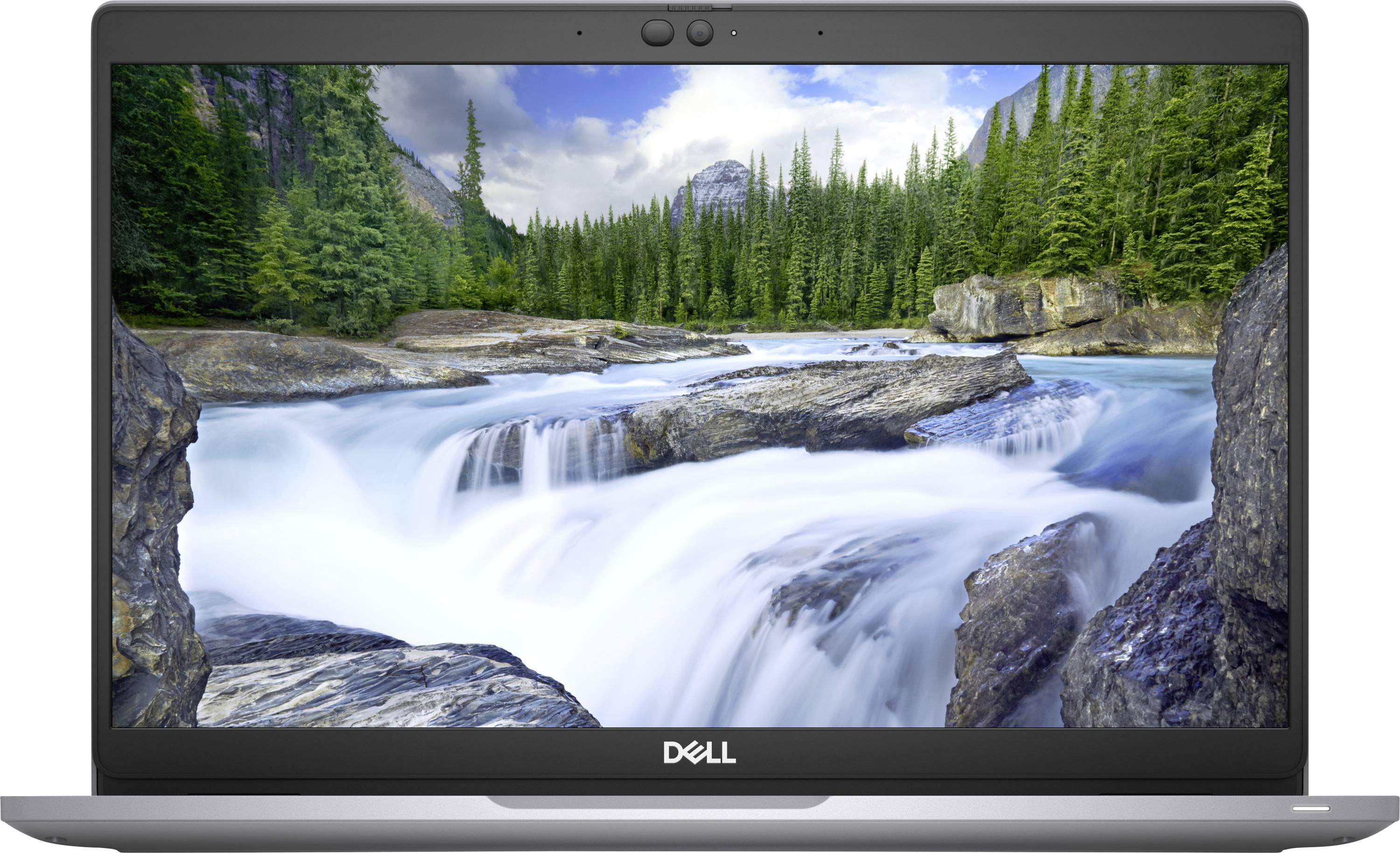 Ein Laptop mit einem Bild eines malerischen Wasserfalls, umgeben von üppig grünen Bäumen und Bergen auf seinem Bildschirm.