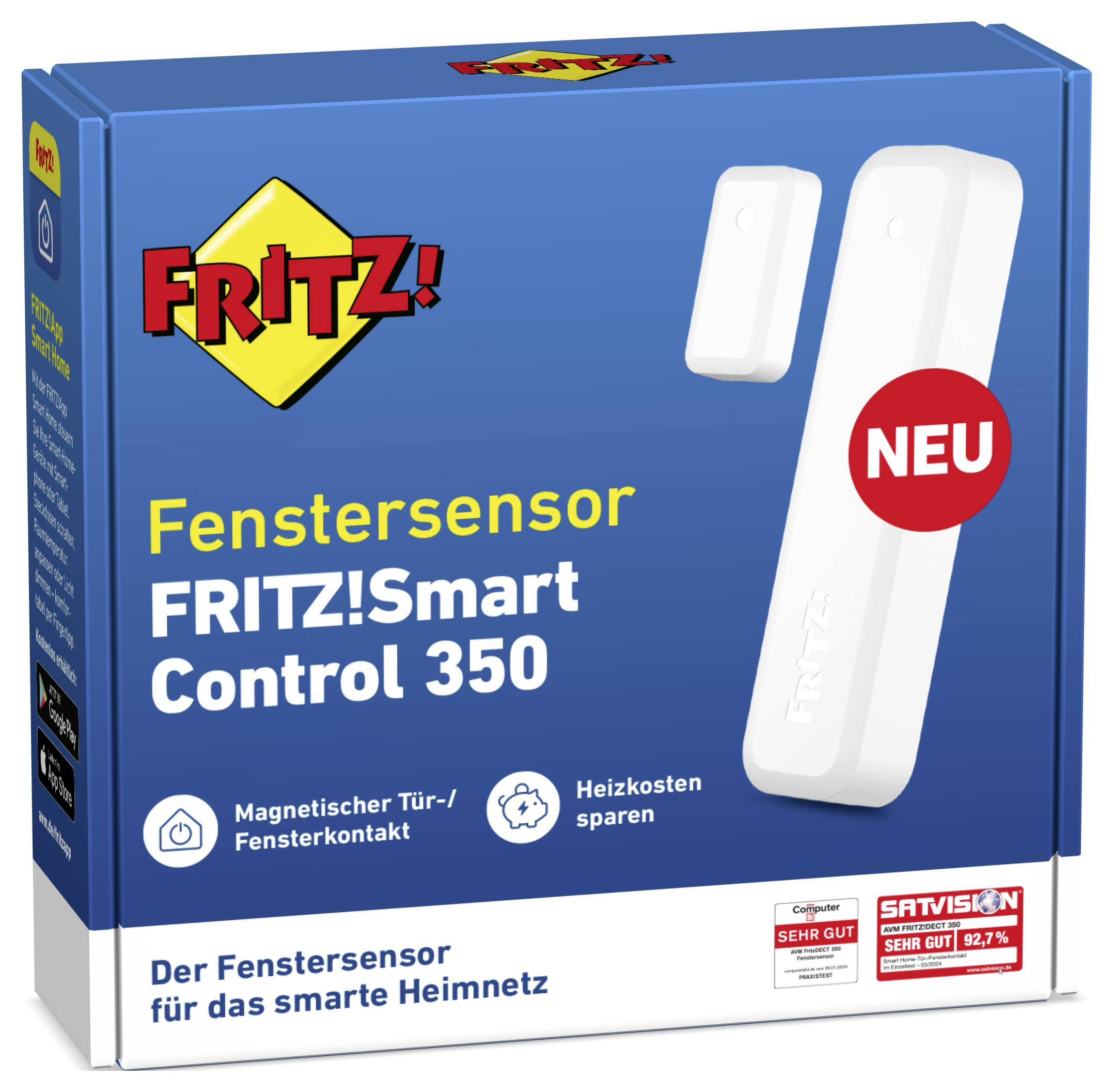 Verpackung eines 'FRITZ!Smart Control 350' Fenstersensors. Die Verpackung hebt magnetische Sensorfunktionen, Energieeinsparungen und ein 'NEU' Etikett hervor.