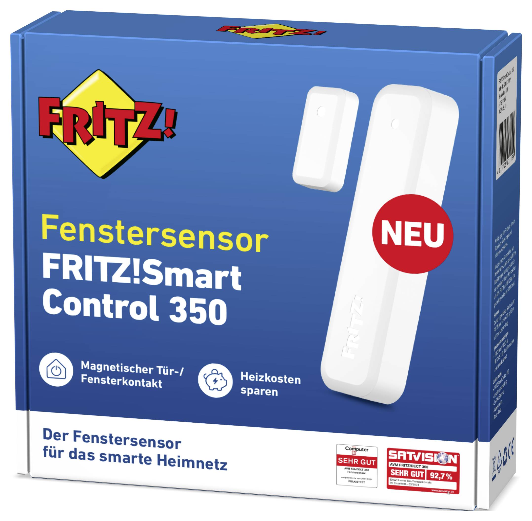 Schachtel des 'FRITZ!Smart Control 350' Fenstersensors. Highlights umfassen magnetischen Tür-/Fenserkontakt und energiesparende Funktionen.