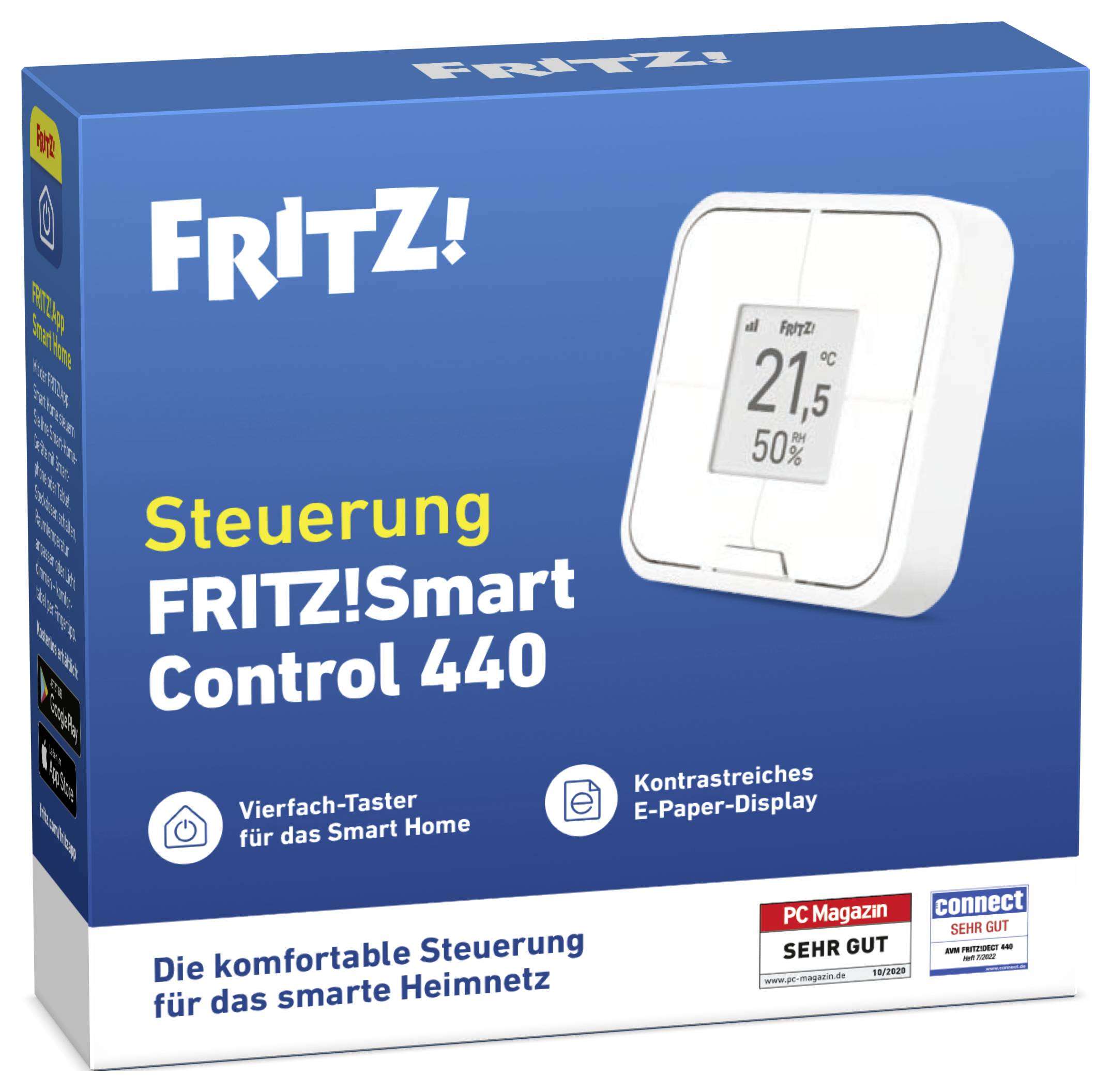 Box packaging for 'FRITZ! Smart Control 440,' featuring a smart home switch with an e-paper display. Text in German promoting ease of home network control.