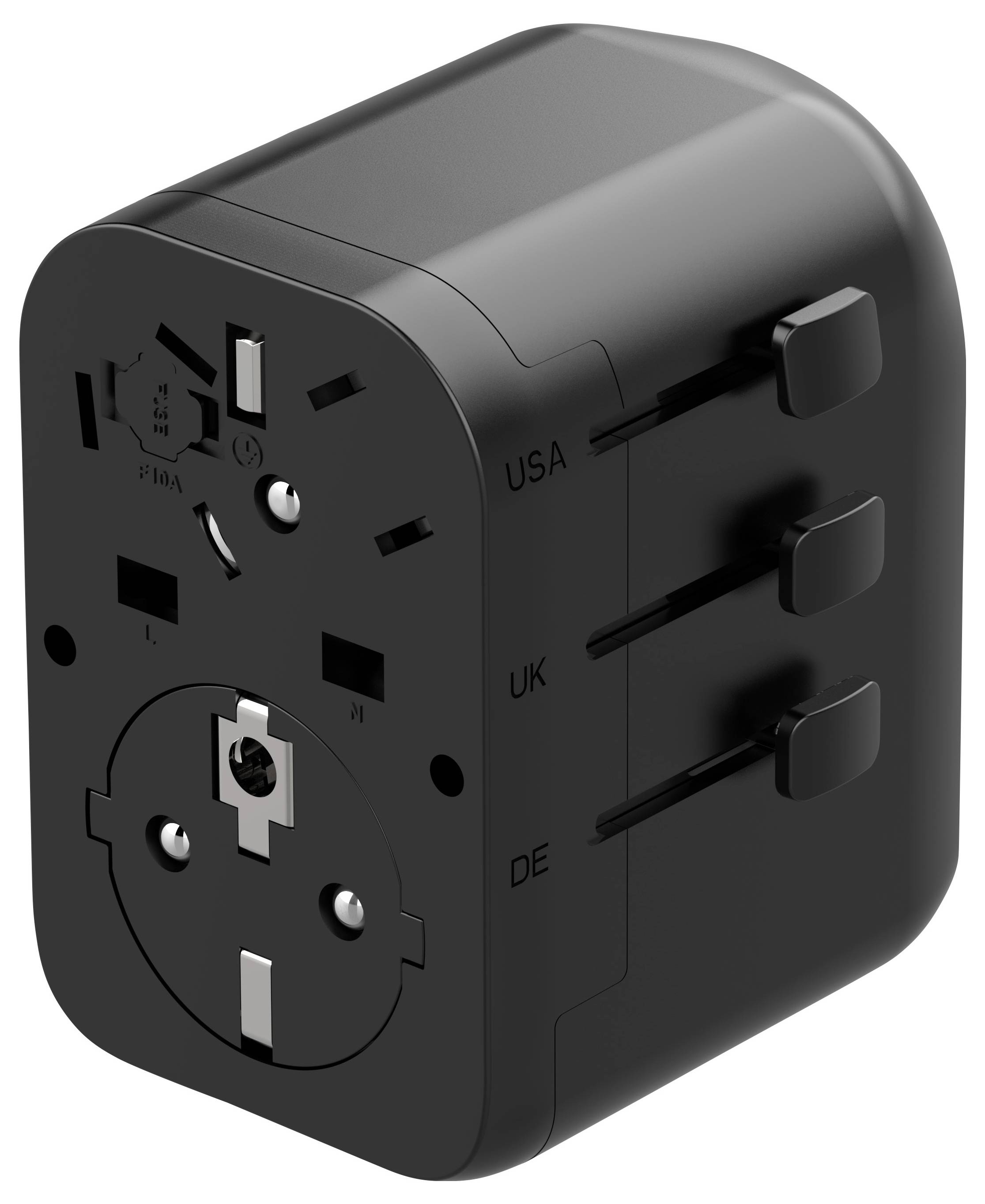 Ein schwarzer Reiseadapter mit Steckoptionen für USA, Großbritannien und Deutschland, mit austauschbaren Kontakten, die für verschiedene Länderausgänge geeignet sind.