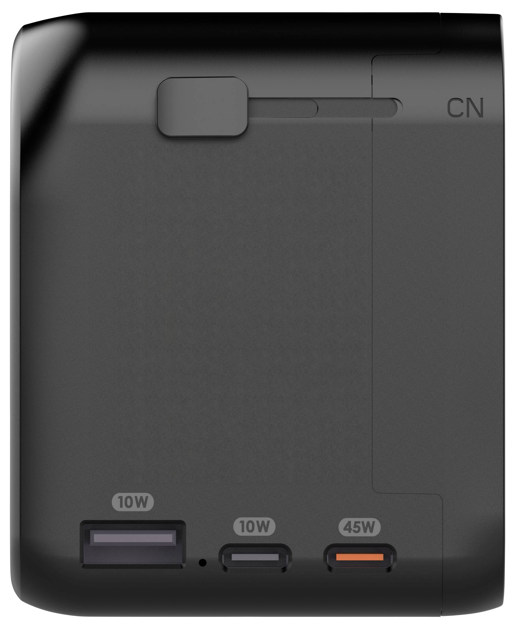 Ein schwarzer Ladestecker mit drei Anschlüssen: ein 10-W-USB, ein 10-W-USB-C und ein 45-W-USB-C-Anschluss.