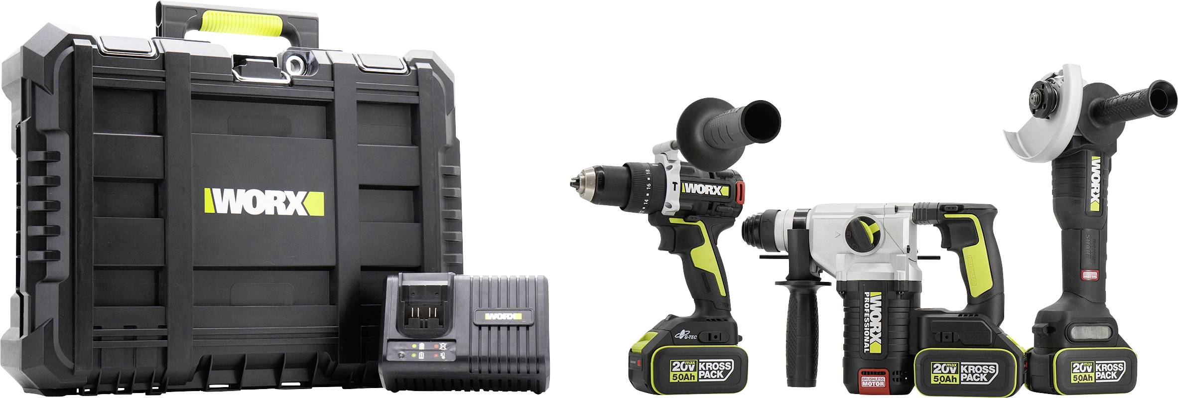Worx-Werkzeugsatz mit Koffer, Akkuladegerät, Bohrmaschine, Bohrhammer und Winkelschleifer, alle in Schwarz mit gelben Akzenten.