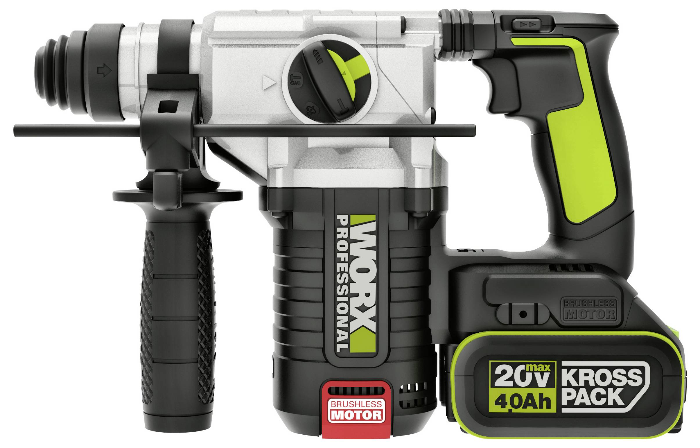 Ein professioneller kabelloses Rotationshammerbohren mit einem 20V 4,0Ah Kross Pack Akku, mit einem bürstenlosen Motor und ergonomischem Design.