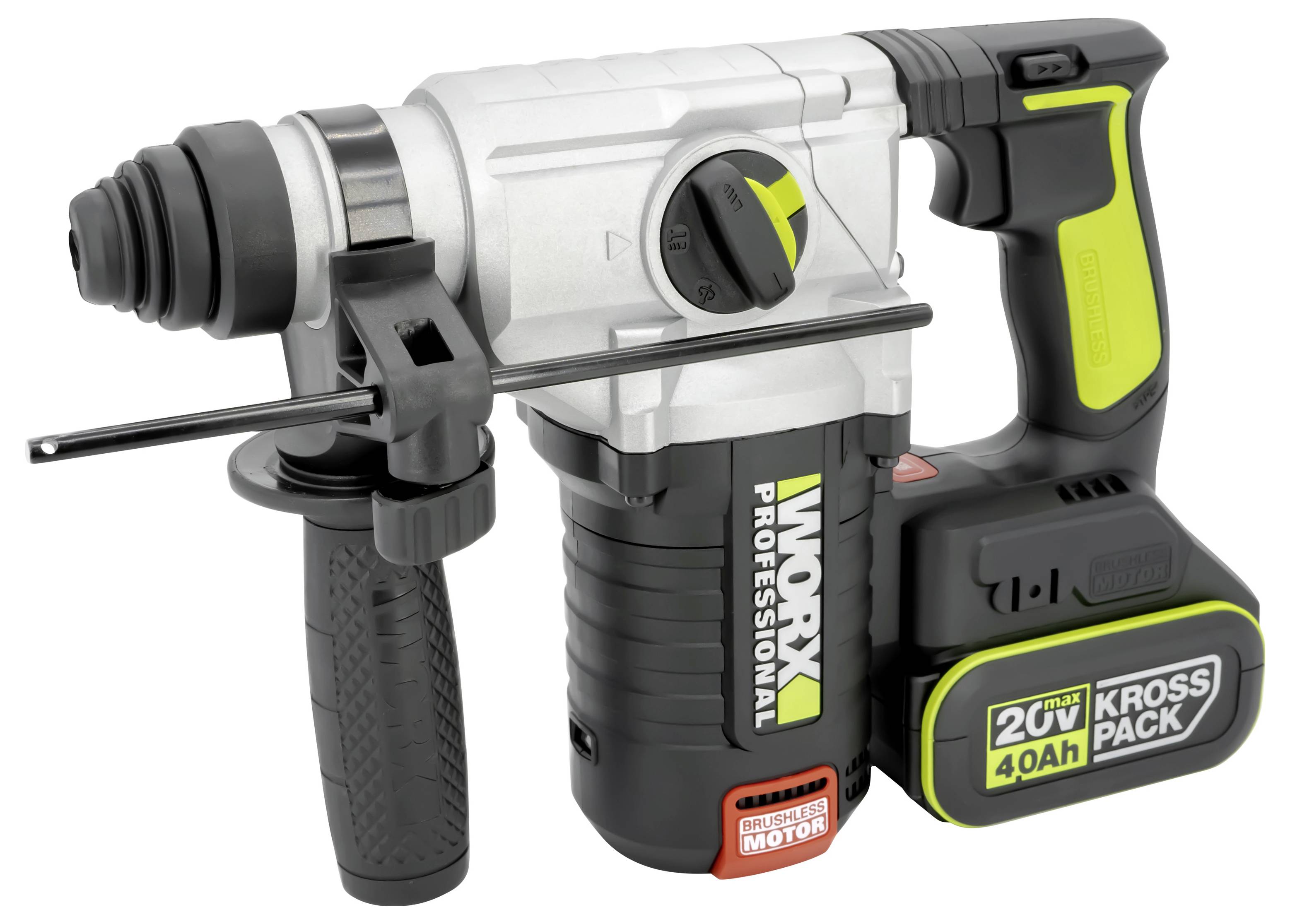 Ein professioneller Worx Akku-Bohrhammer mit 20V Batterie, ergonomischem Griff und variabler Drehzahlregelung für schwere Arbeiten.