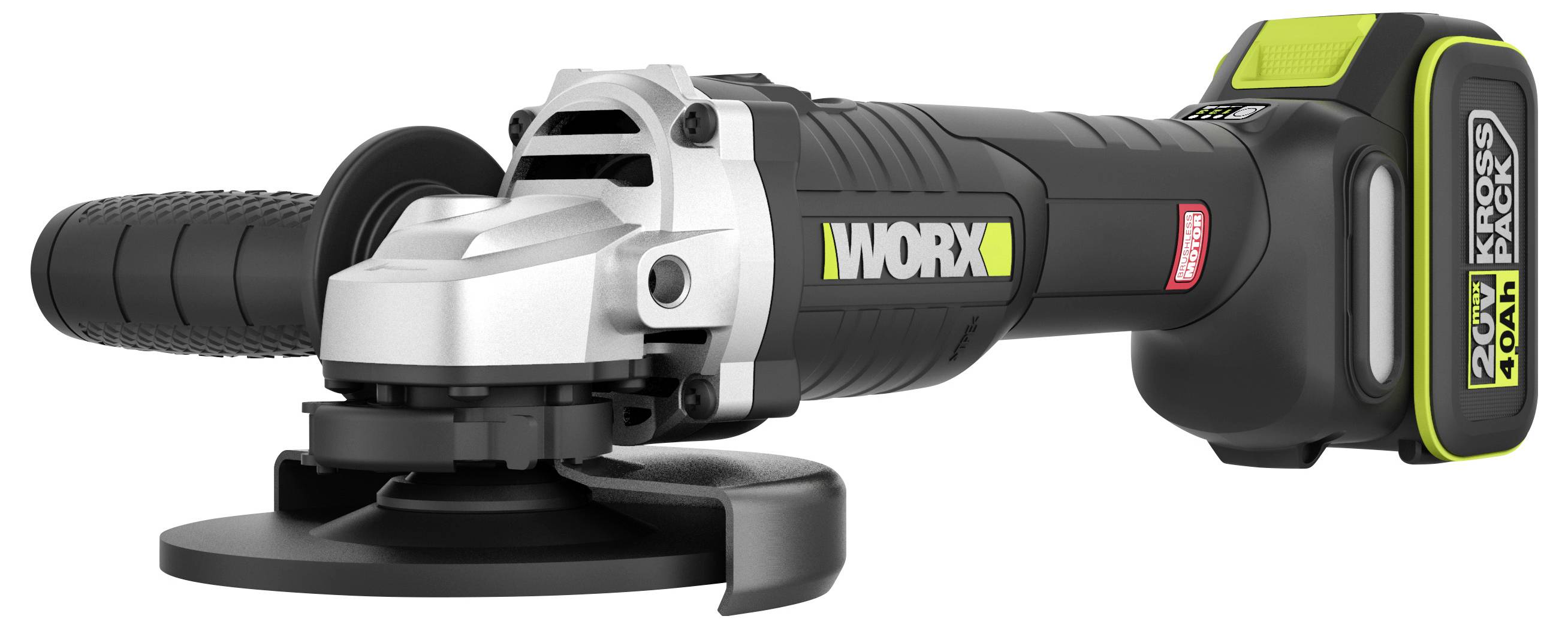 Ein kabelloses Winkelschleifergerät mit schwarzem und silbernem Design, gekennzeichnet mit „Worx