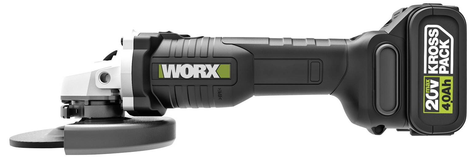 Ein kabelloses Winkelschleifsystem mit der Bezeichnung „Worx 20V Kross Pack 4.0Ah