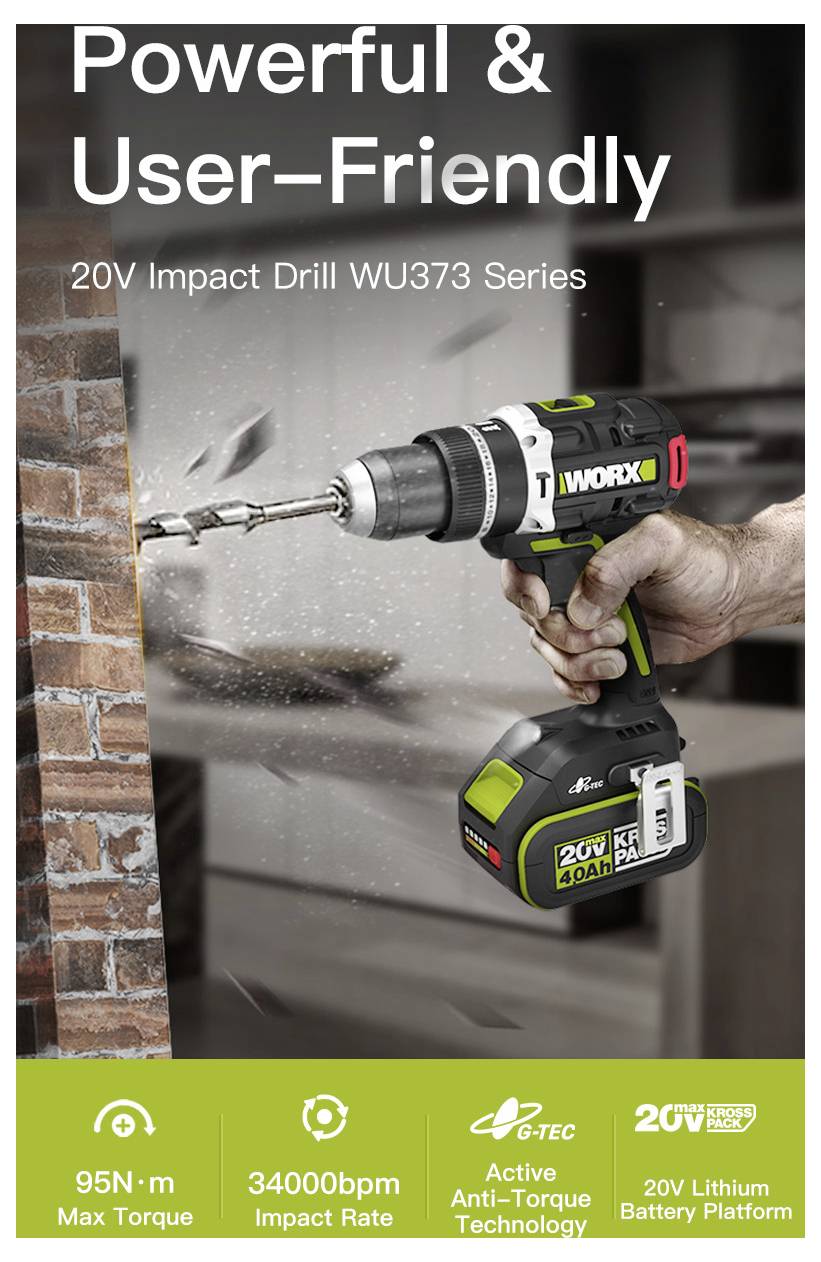 WORX 20V Schlagbohrmaschine WU373 in Betrieb. Eigenschaften: 95 Nm maximales Drehmoment, 34000 Schläge pro Minute Schlagfrequenz, aktive Anti-Drehmoment-Technologie, 20V Lithium-Batterie.