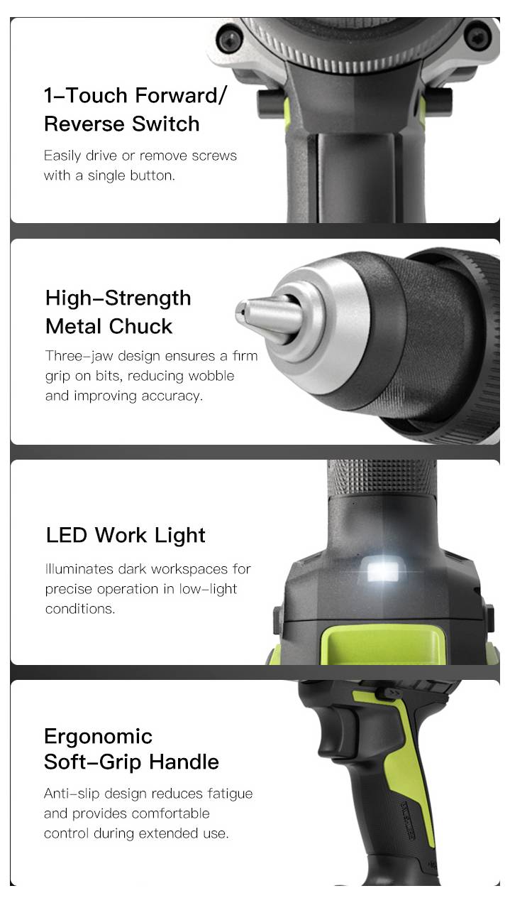 Merkmale des Akkuschraubers: Eintasten-Vorwärts-/Rückwärtsschalter, Bohrfutter aus hochfestem Metall, LED-Arbeitslicht, ergonomischer Soft-Grip-Griff.
