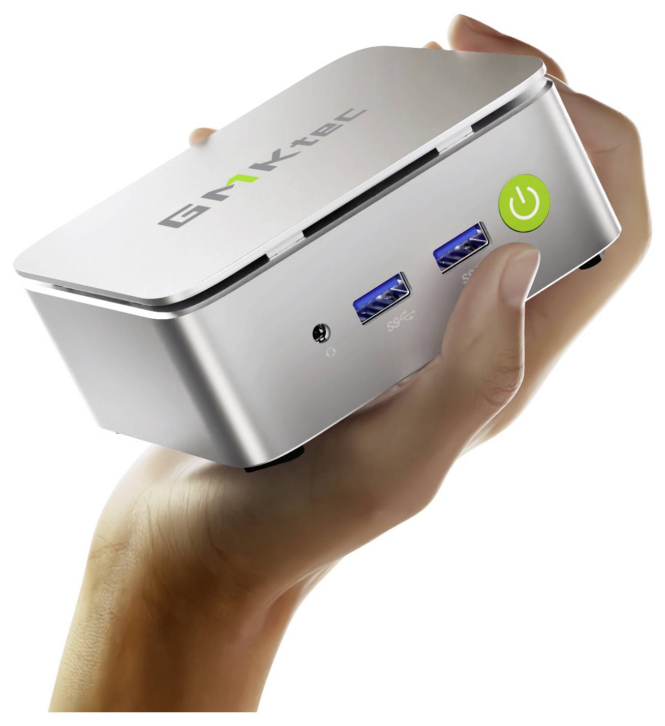 Ein kleines, silbernes Mini-PC-Gerät mit USB-Anschlüssen und einem Stromschalter wird in einer Hand gehalten. Der Markenname ist auf der Oberseite sichtbar.