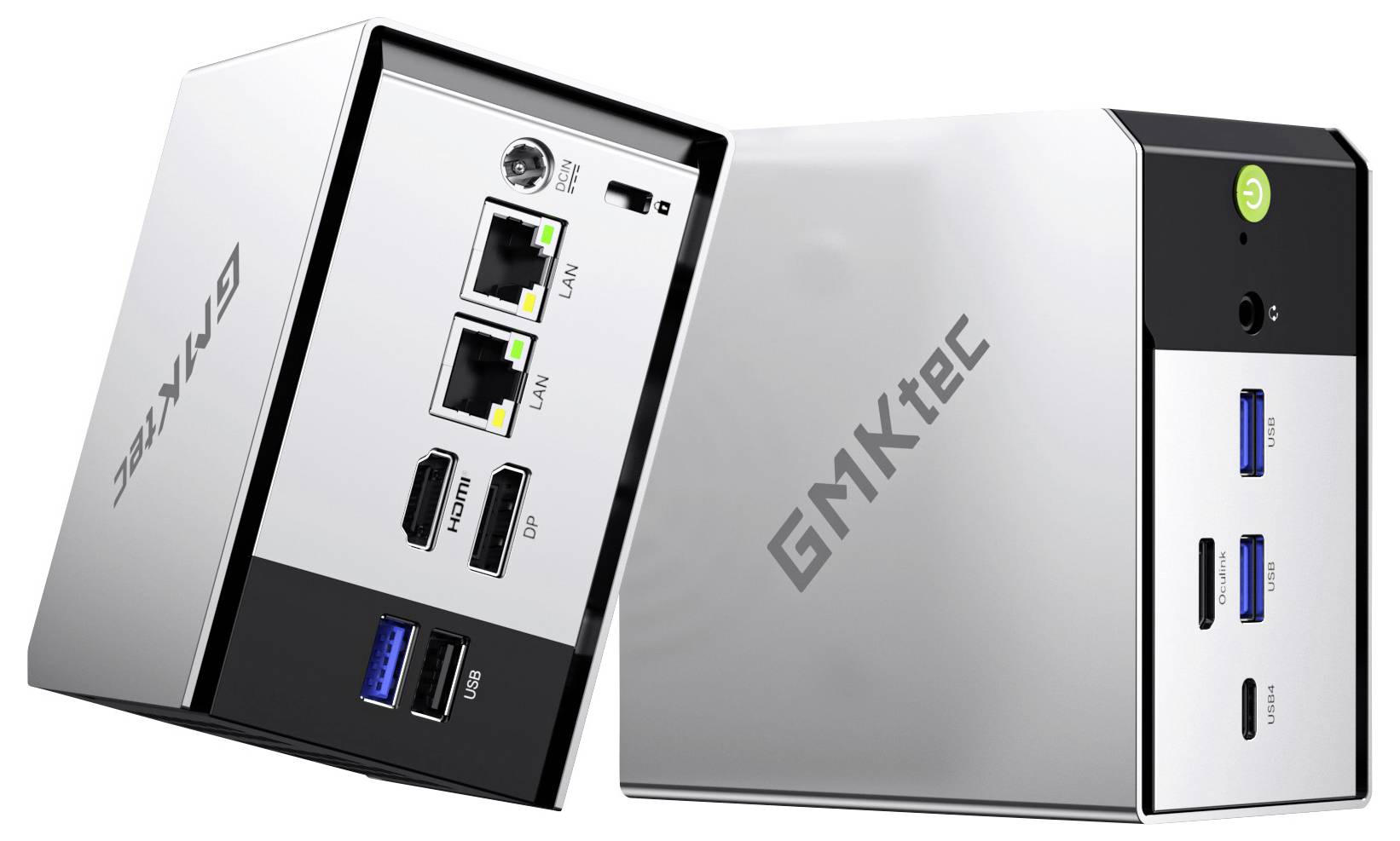Ein eleganter Mini-PC mit mehreren Anschlüssen, einschließlich USB, HDMI und Ethernet, beschriftet mit 'GMKtec' in einem kompakten, metallischen Design.
