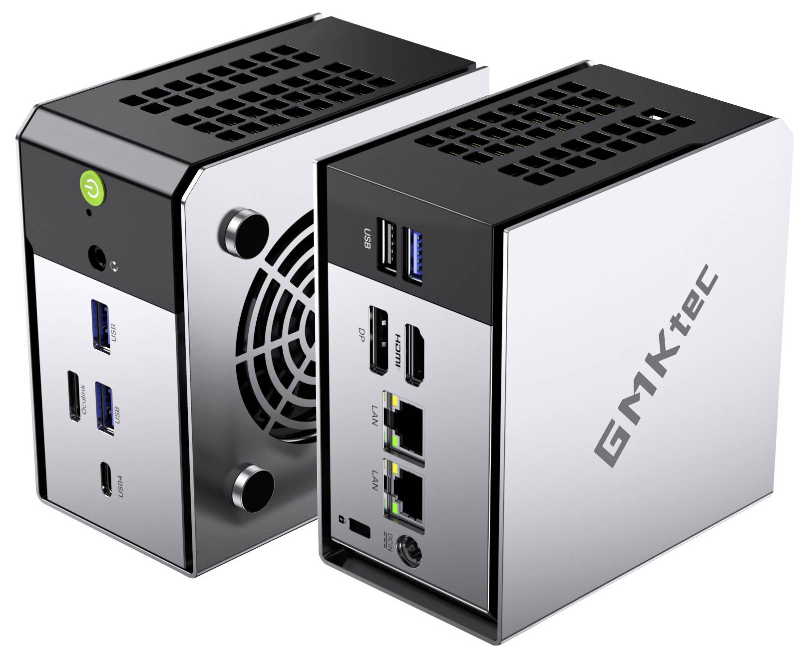 Zwei kompakte GMKtec Mini-PCs mit USB-Anschlüssen, HDMI-Anschlüssen, Netzwerkverbindungen und sichtbaren Lüftungsventilatororen auf dem silbernen Gehäuse.