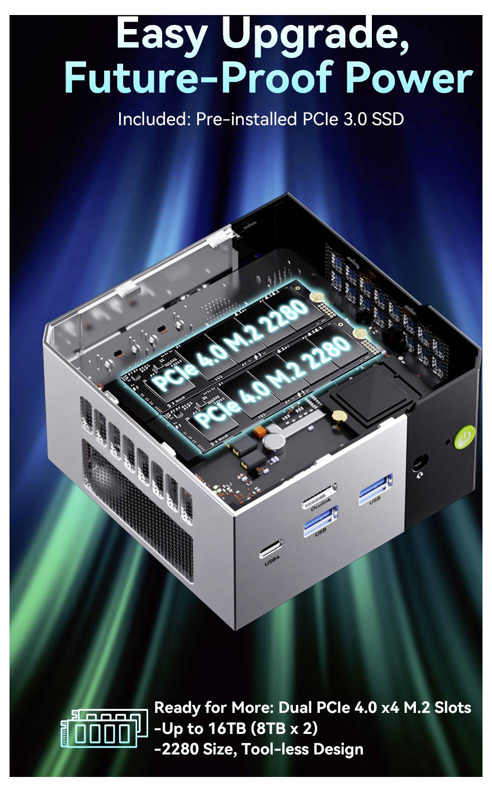 PC-Gehäuse mit zwei installierten PCIe 4.0 M.2 SSDs, gekennzeichnet als M.2 2280. Verfügt über zwei PCIe 4.0 Steckplätze und unterstützt bis zu 16TB Speicherkapazität.