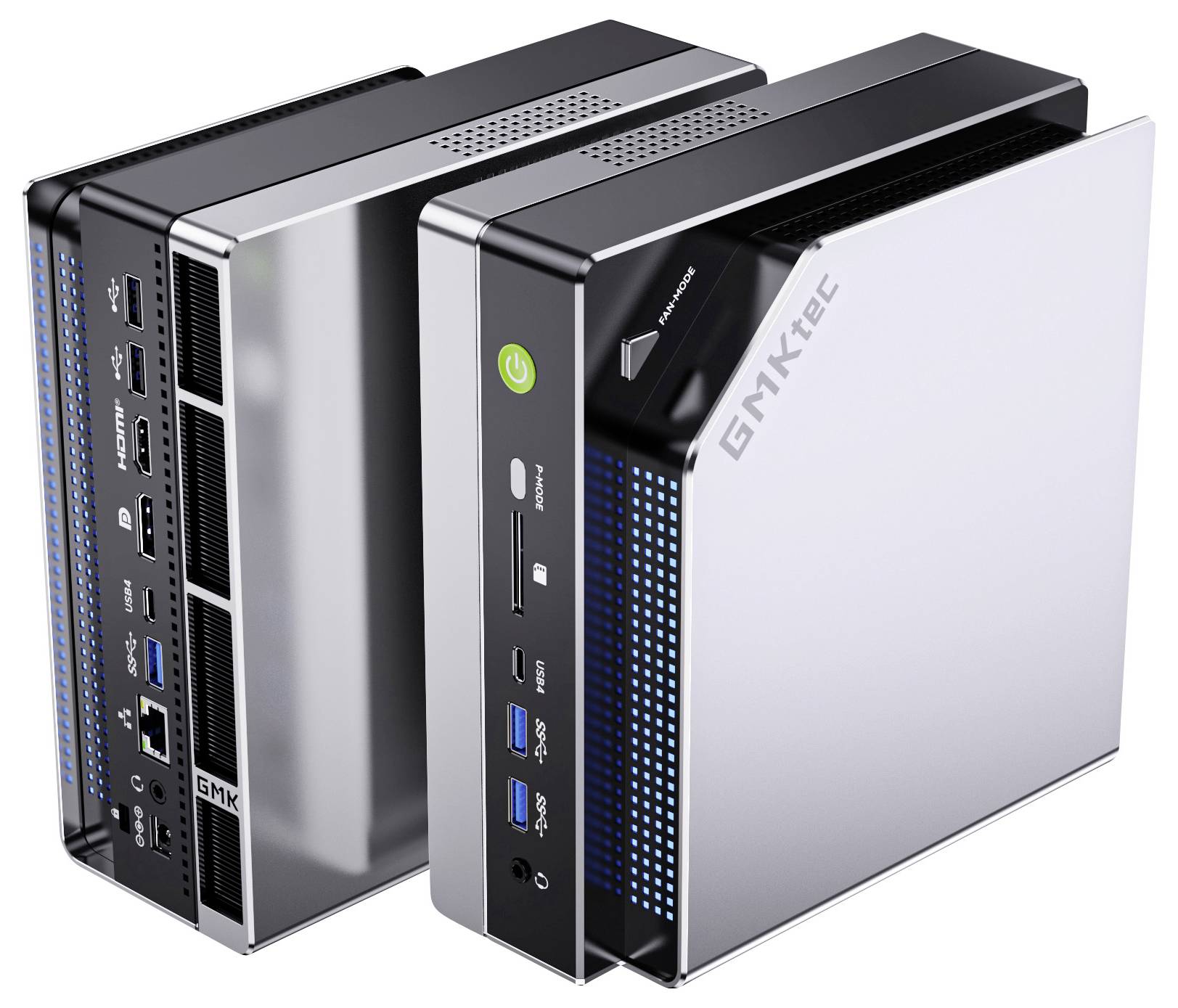 Zwei kompakte, elegante Desktop-Computer mit verschiedenen Anschlüssen an der Seite, einschließlich HDMI und USB. Die Geräte tragen die Marke 