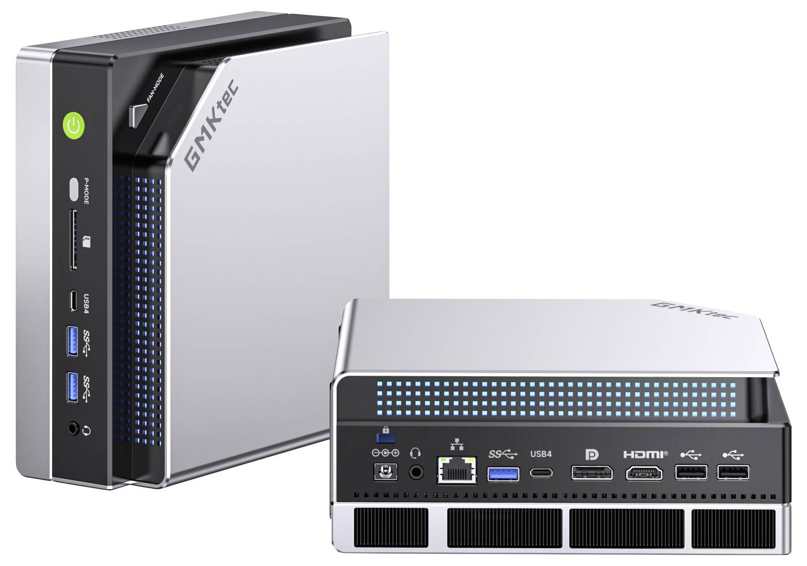 Zwei Mini-Desktop-Computer; einer aufrecht stehend mit Power-Taste und USB-Anschlüssen; der andere horizontal angeordnet mit HDMI-, USB- und Netzwerkanschlüssen.