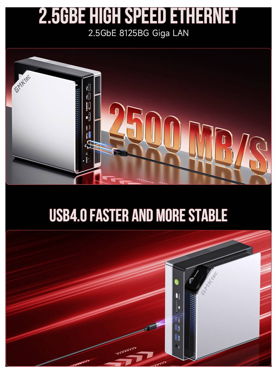 Vorderansicht eines Netzwerkgeräts mit Hervorhebung von „2,5 GbE