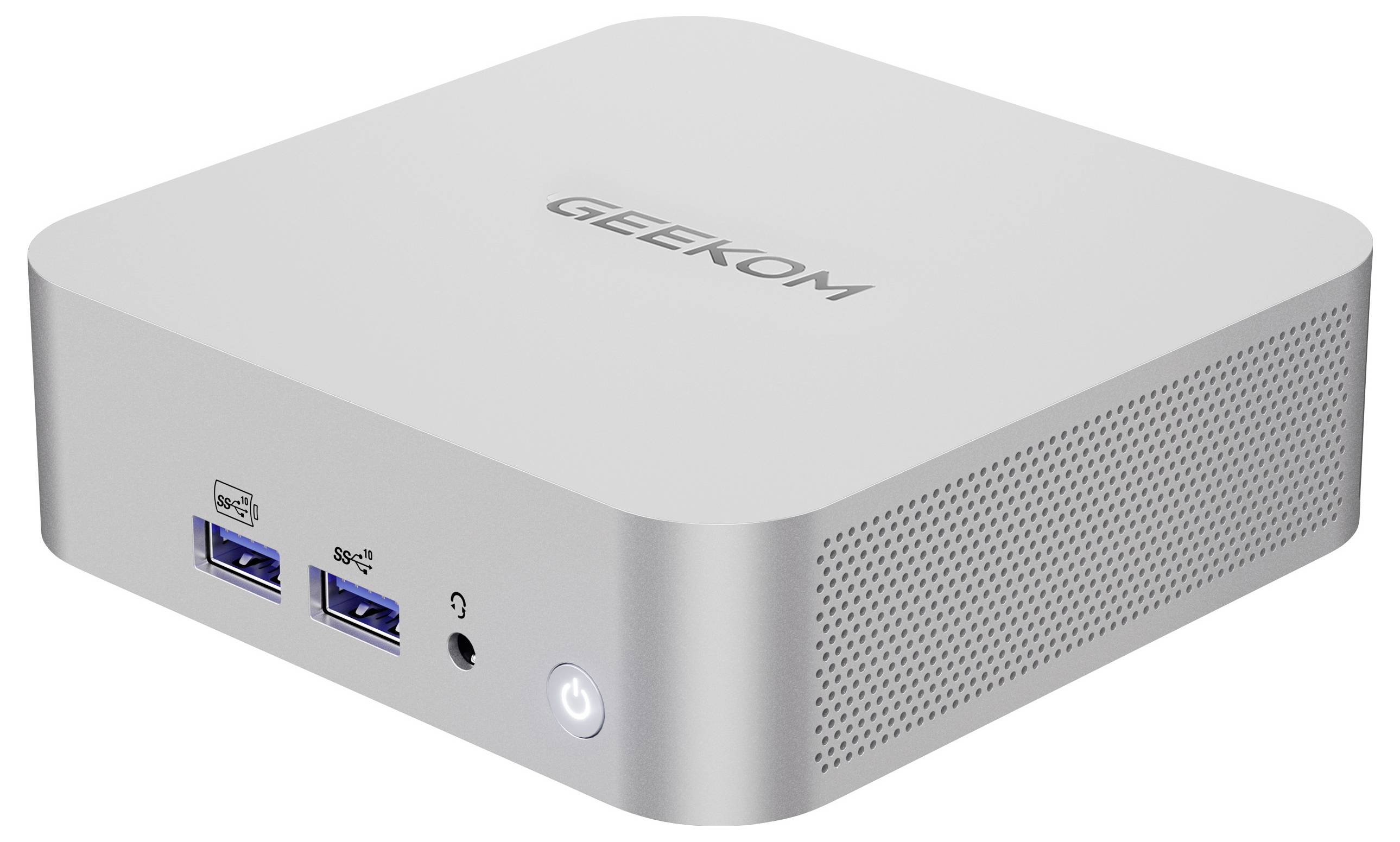 Ein kompakter, silberner Mini-PC mit „GEEKOM