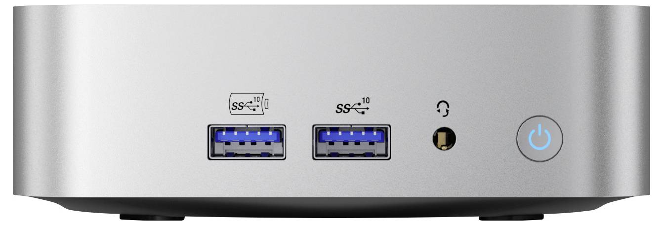 Ein kompakter silberner Desktop-Computer mit USB-Anschlüssen, einer Audiobuchse und einem Netzschalter auf der Frontplatte.
