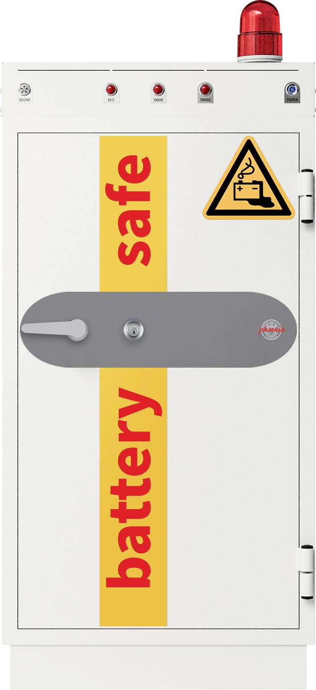 Ein weißer Sicherheitsschrank mit einer großen Beschriftung 