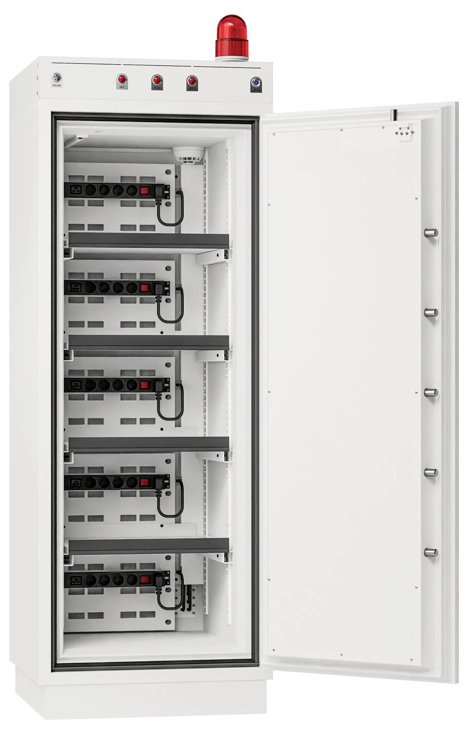 Ein offener weißer Metallschrank mit vier Regalen, auf denen jeweils elektronische Geräte stehen. Ein rotes Warnlicht befindet sich oben auf dem Schrank.