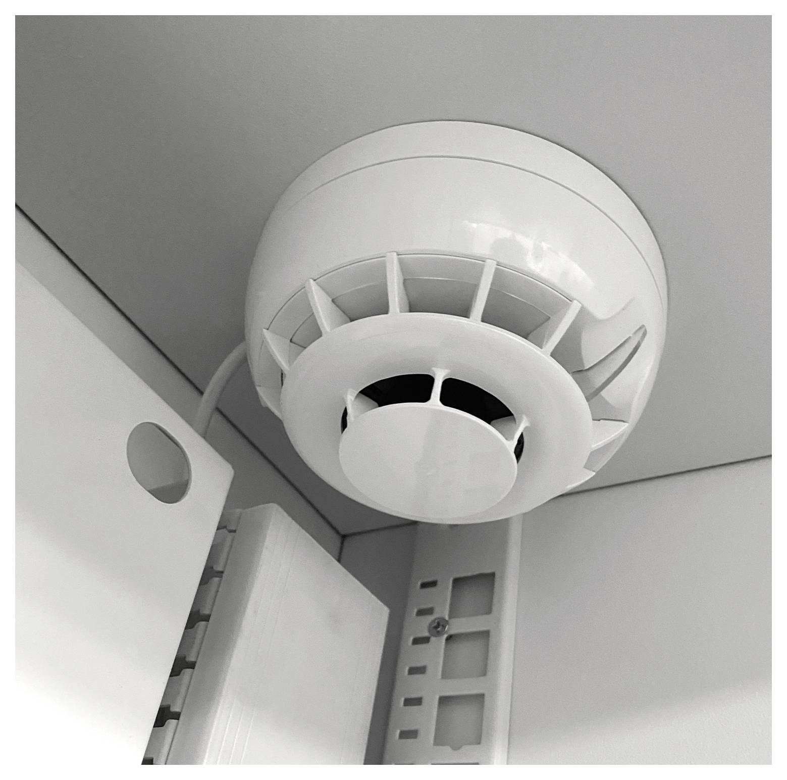 Deckenmontierter Rauchmelder mit einem weißen, kreisförmigen Gehäuse, einem Gitter von Lüftungsöffnungen und einem zentralen Sensor, der in einer Ecke positioniert ist.