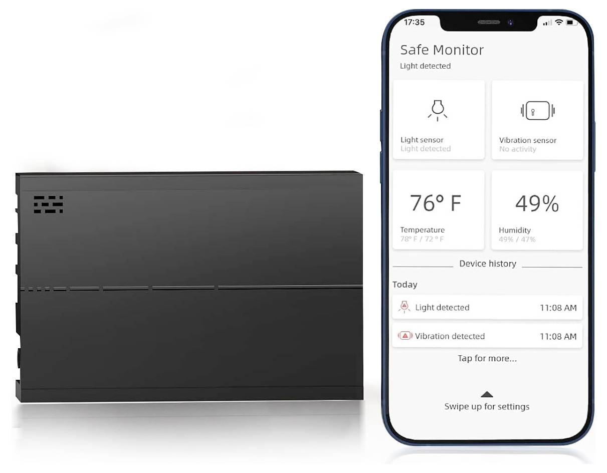 Gerät mit Touchscreen zeigt Temperatur bei 76°F, Luftfeuchtigkeit bei 49% und erfasste Licht- und Vibrationsereignisse in einer Monitoring-App an.