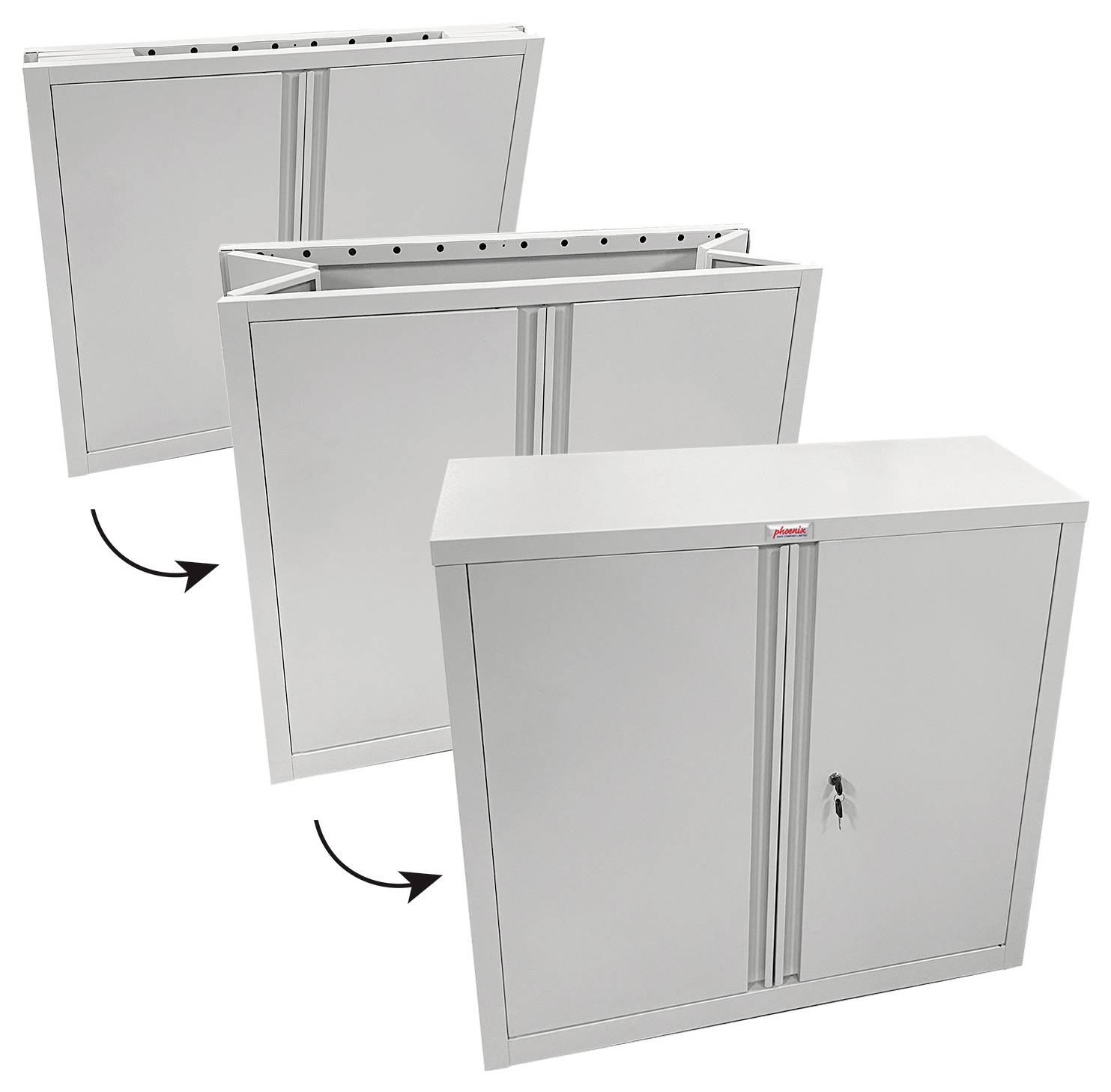 Schrank klappt nach oben und verriegelt sich, wobei eine Mehrpositionsfunktion mit Pfeilen die Bewegung anzeigt.