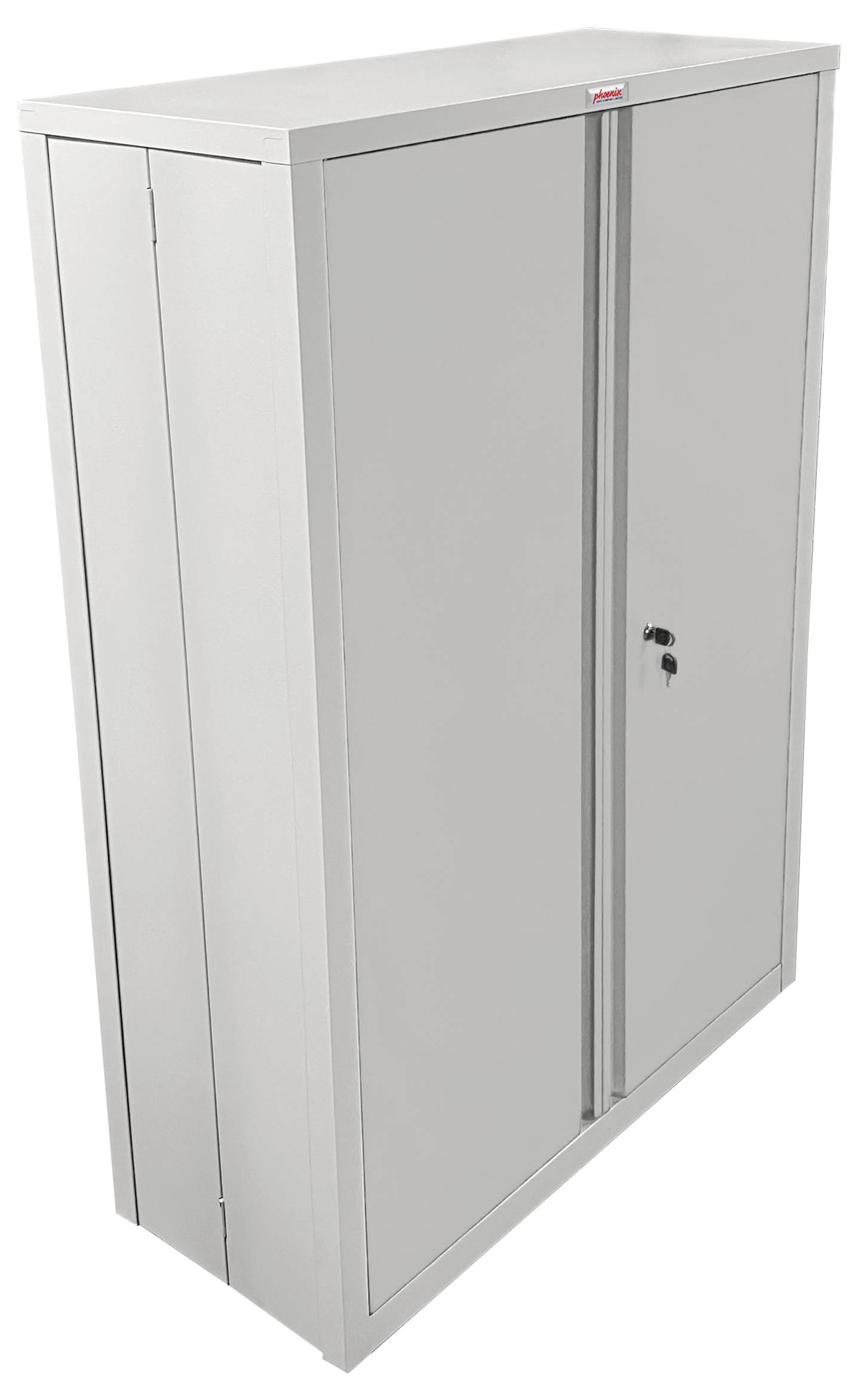 Ein hoher, grauer Metallschrank mit Doppeltüren und einem Schlüsselschloss, geeignet für sichere Büro- oder Industrielagerzwecke.