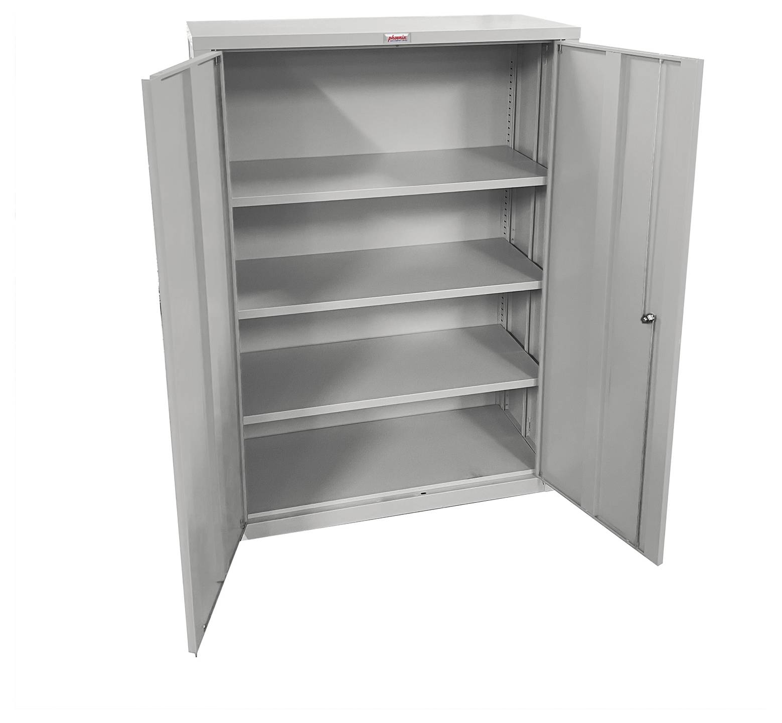 Ein grauer Metallschrank mit vier verstellbaren Einlegeböden und weit geöffneten Doppeltüren, der seinen Innenraum zur Organisation von Gegenständen präsentiert.