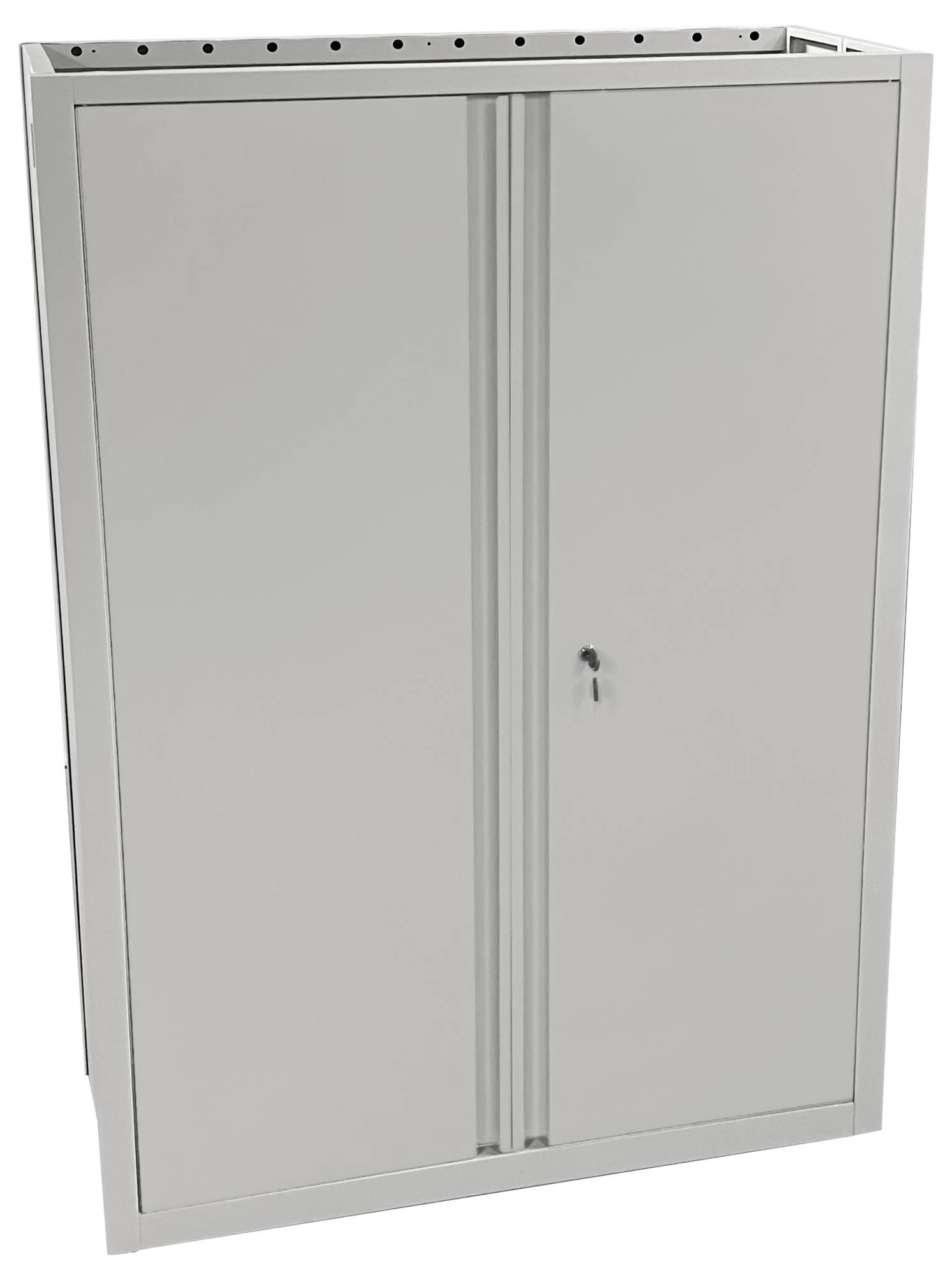 Ein grauer Metallschrank mit Doppeltüren und einem zentralen Schlüsselloch für sichere Aufbewahrung.