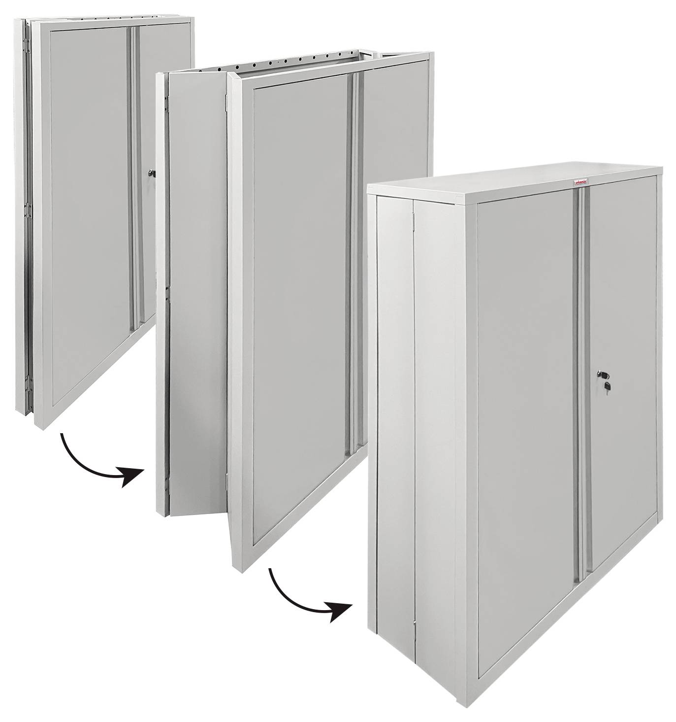 Ein Metallschrank, der seinen Falttürmechanismus in drei Stufen zeigt, mit Pfeilen, die die Bewegungsrichtung angeben.