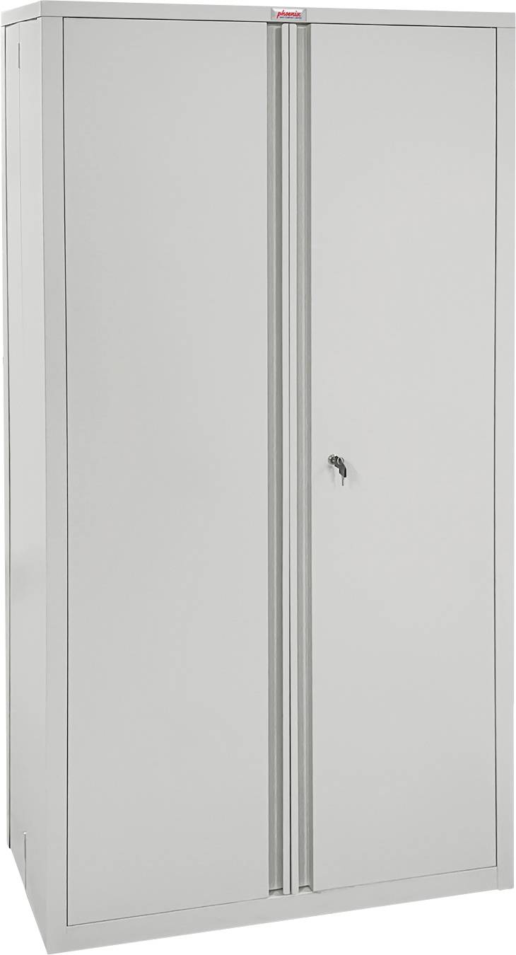 Ein hoher, grauer Metallschrank mit zwei Türen und einem Griff, der zum Organisieren und Aufbewahren von Gegenständen in einem Büro oder einer Werkstatt konzipiert ist.