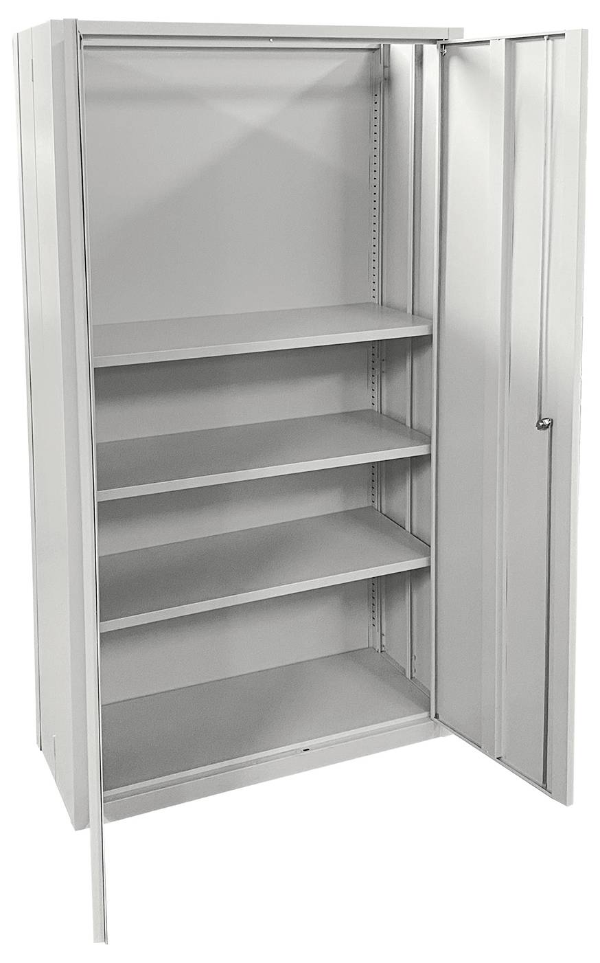 Ein Metallschrank mit vier Einlegeböden und einer offenen Tür, geeignet zum Organisieren von Büromaterial oder Werkzeugen.