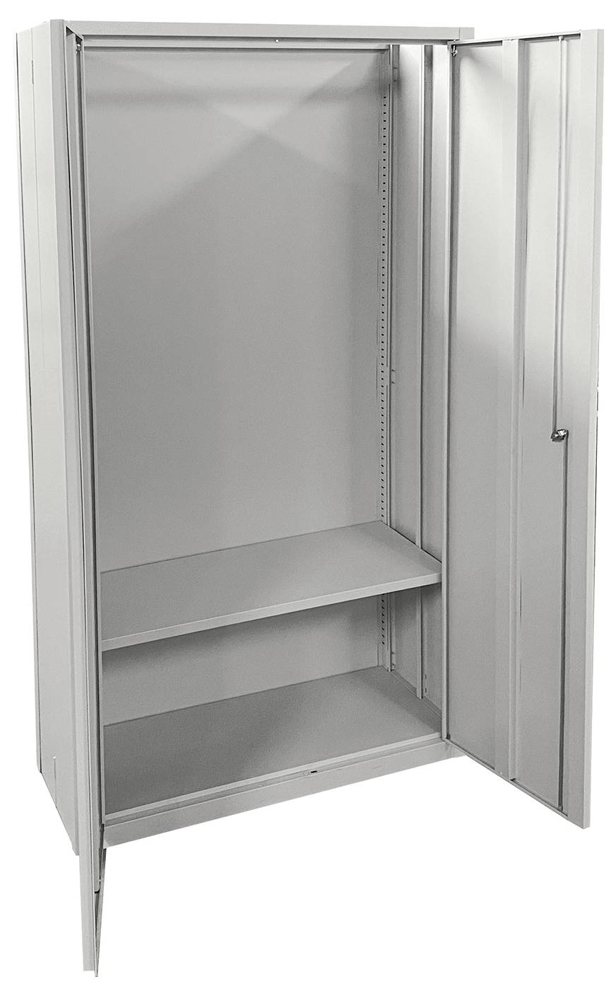 Ein grauer Metallschrank mit einer offenen Tür, die zwei Regale im Inneren offenbart.