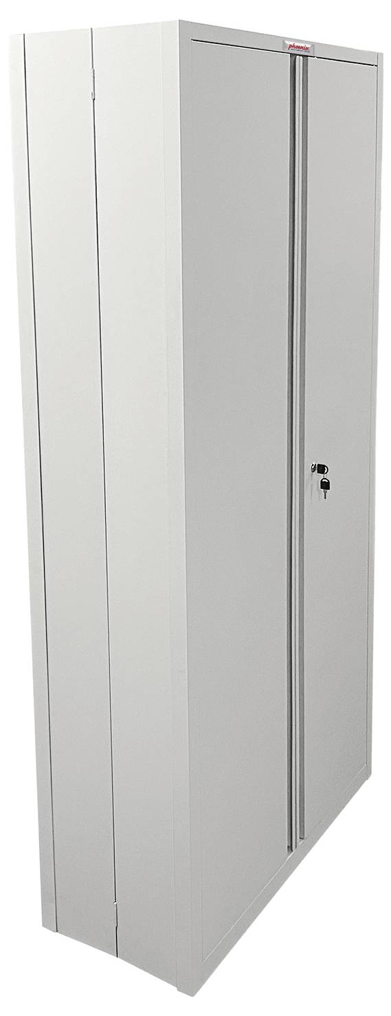 Ein hoher, geschlossener, grauer Metallschrank mit einem Zylinderschloss an der rechten Tür.